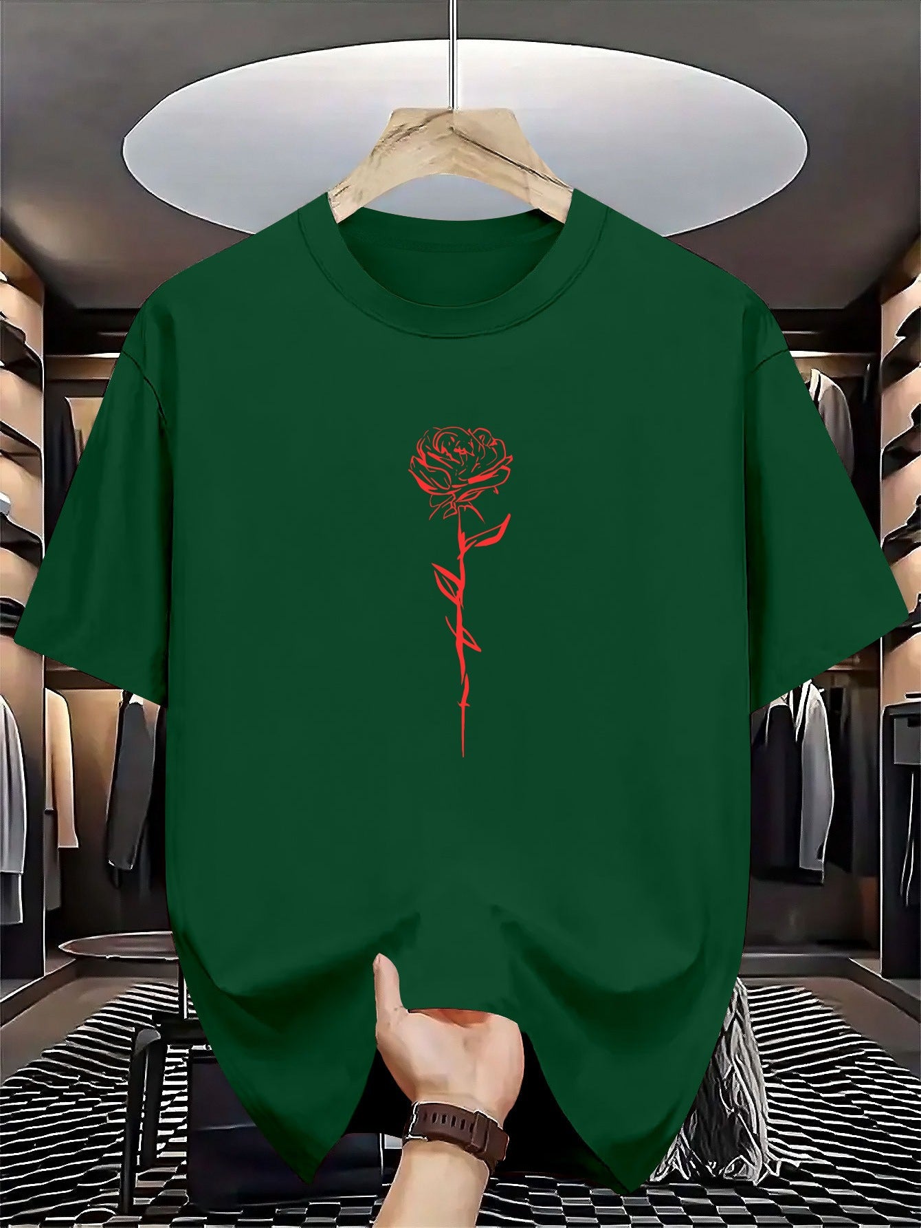 Men's Summer Short-Sleeve Round Neck T-Shirt - Casual & Sportswear Layering Base Shirt with Geometric Rose Print, Breathable for Hot Weather, Machine Washable Casual Outdoor Wear Suitable for Casual Outfits & Layering Pieces