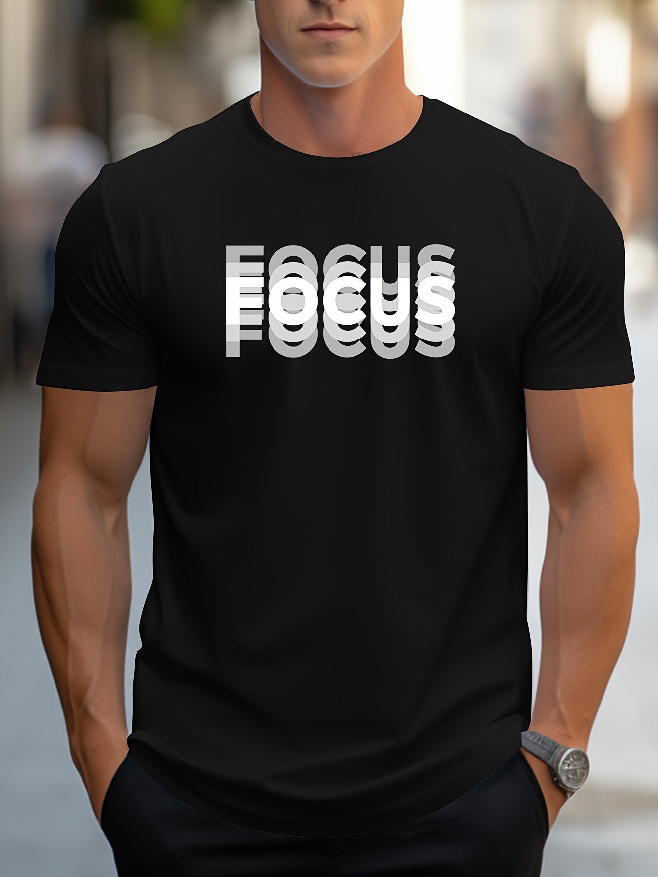 Unisex Trendy Letter Print Crew Neck T-Shirt, A Must-Have for Style Enthusiasts! Gradient FOCUS Design, Ultra Stylish & Streetwear-Inspired! Minimalist yet Versatile!