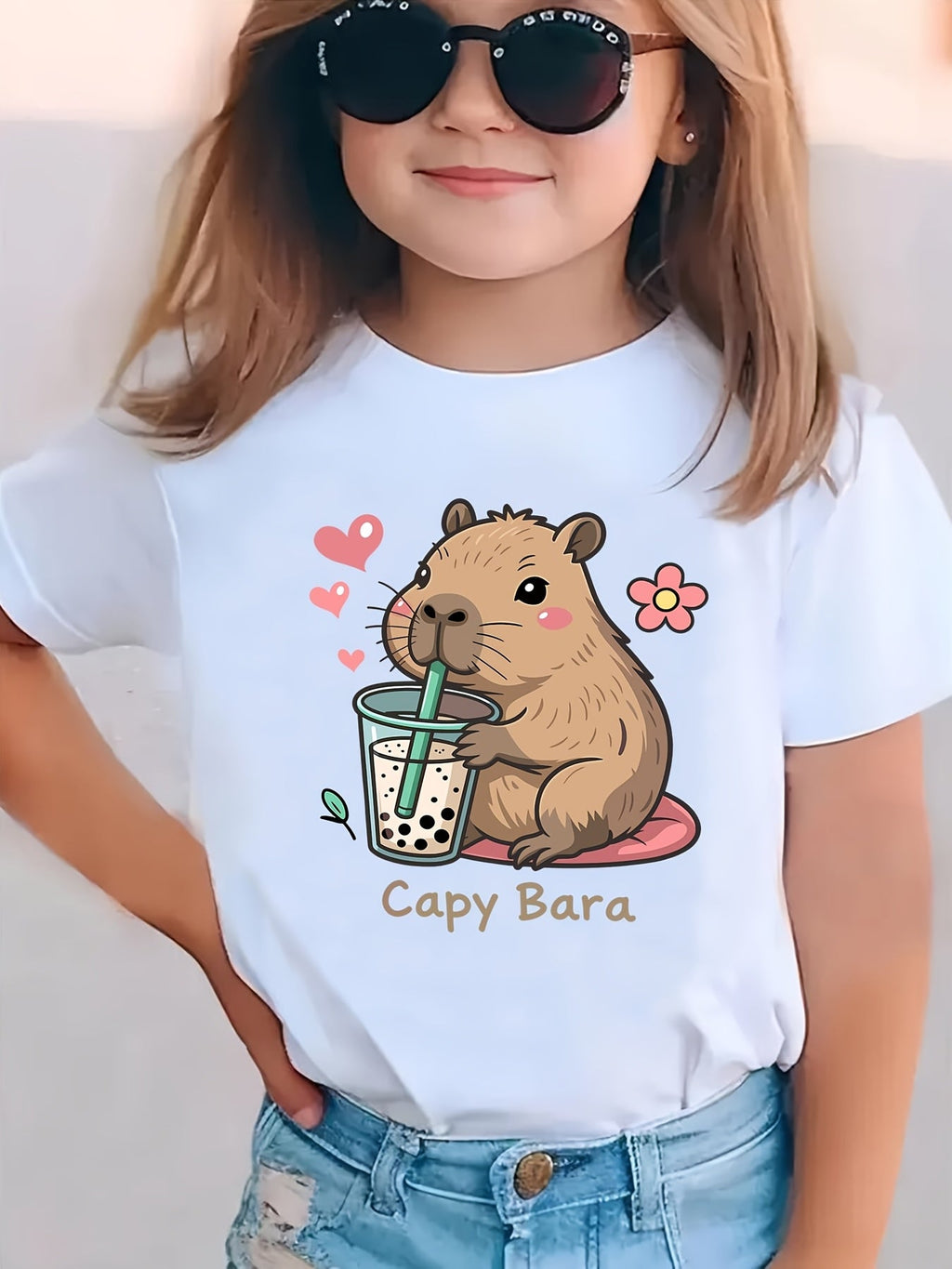 Summer Fashion Short-Sleeve T-Shirt for Girls Featuring a Capybara with Heart Flowers And a Milk Tea Theme, Casual And Versatile Top NY-DX8830