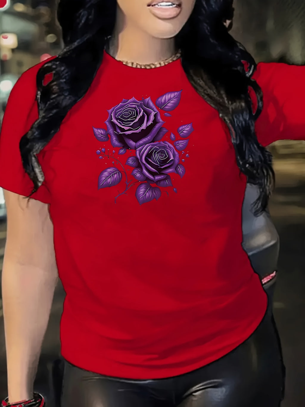 Purple Rose Pattern Printed Comfortable Women'S Short-Sleeve T-Shirt, Sports T-Shirt with Print, Women'S T-Shirt Design, Women'S Top