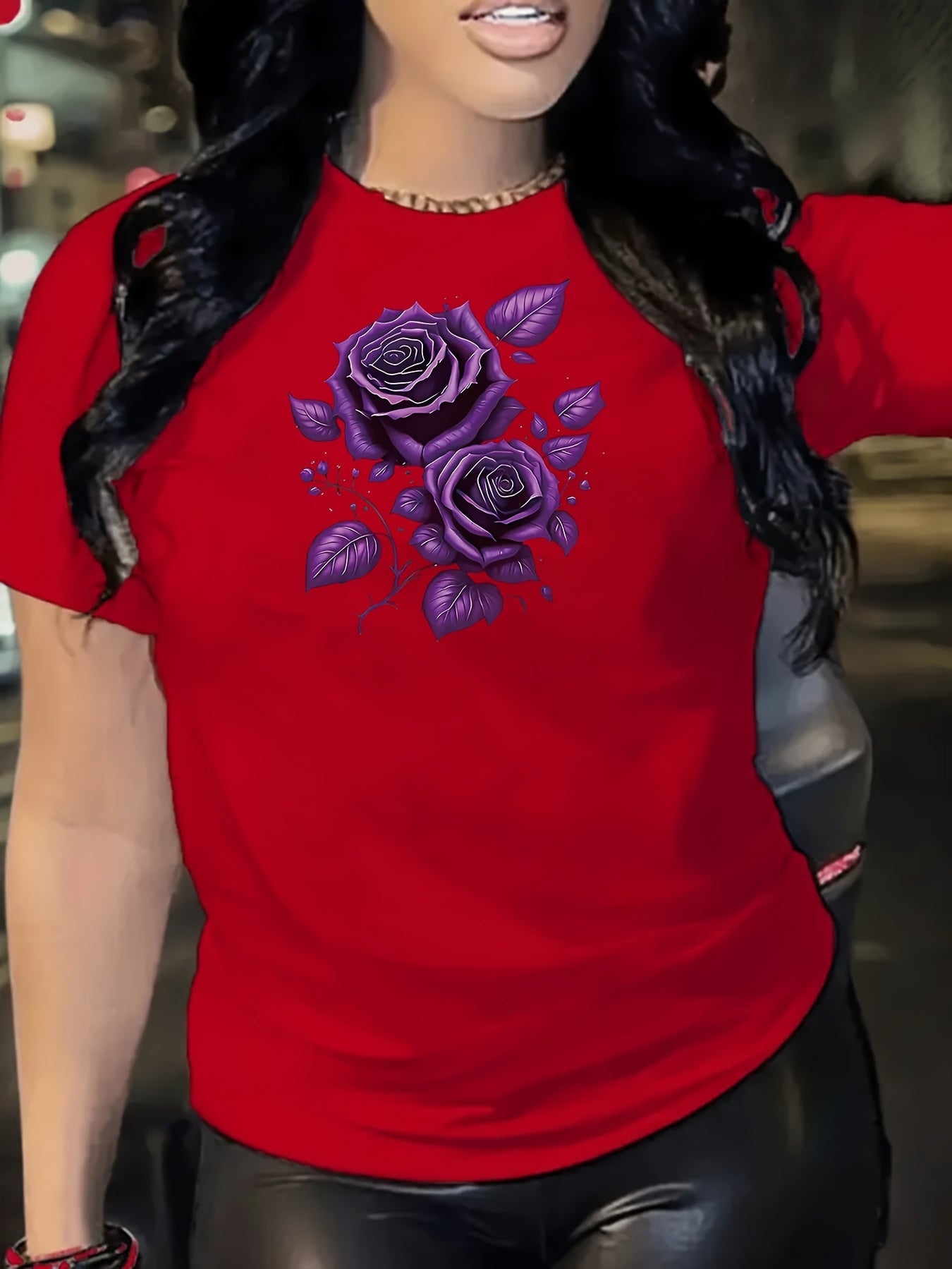 Purple Rose Pattern Printed Comfortable Women'S Short-Sleeve T-Shirt, Sports T-Shirt with Print, Women'S T-Shirt Design, Women'S Top