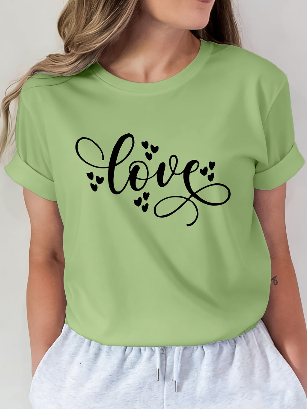 Letter Print T-Shirt, Short Sleeve Crew Neck Casual Top for Summer And Spring, Women'S Clothing