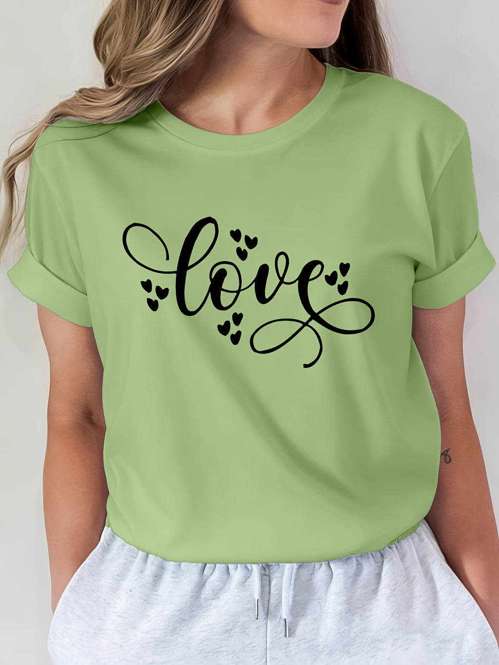 Letter Print T-Shirt, Short Sleeve Crew Neck Casual Top for Summer And Spring, Women'S Clothing