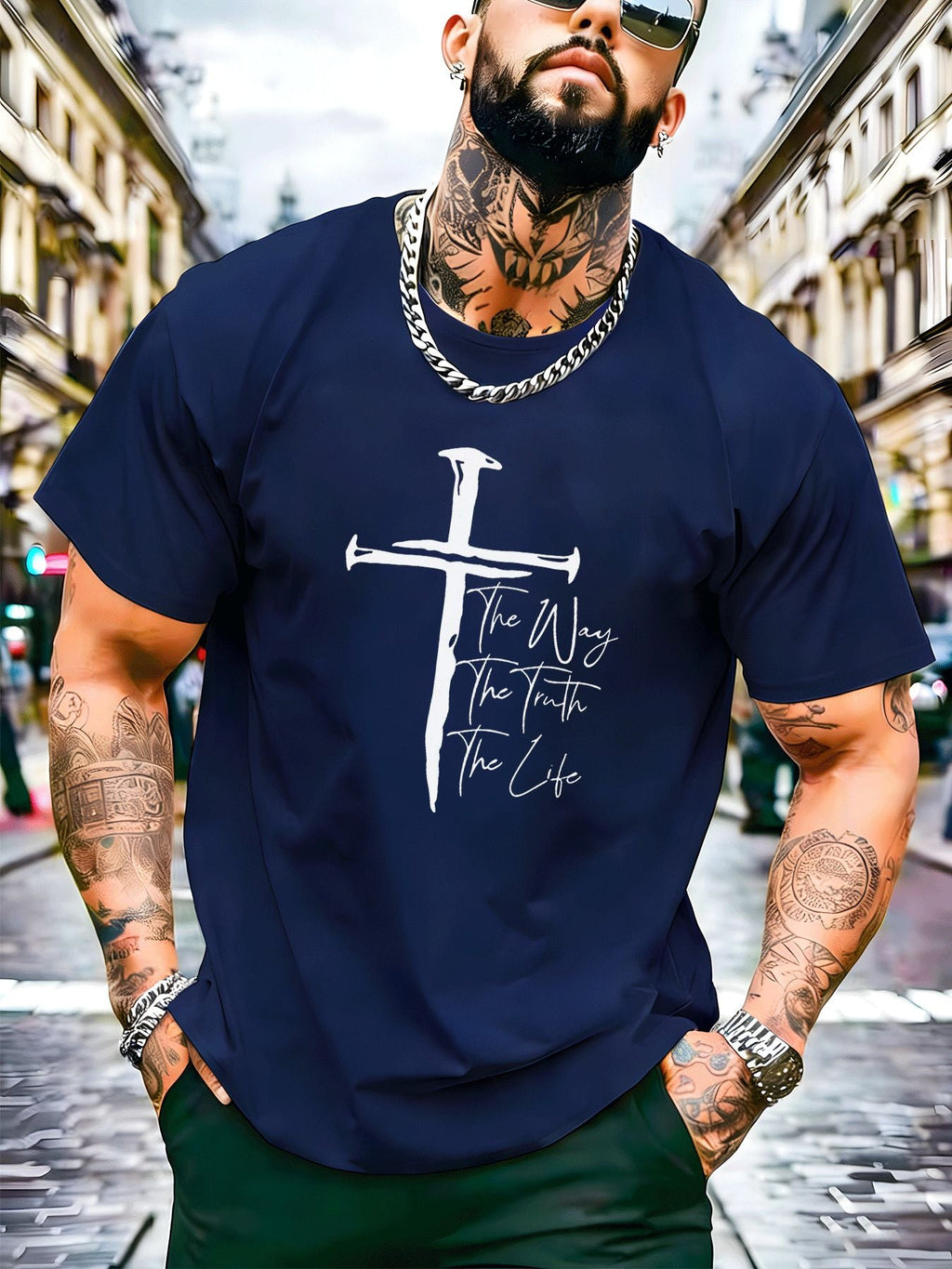 Classic Christian Graphic Tee with White Cross The Way The Truth The Life Print Men'S Fashion Street Style Casual Wear Adults Men Daily Outfit