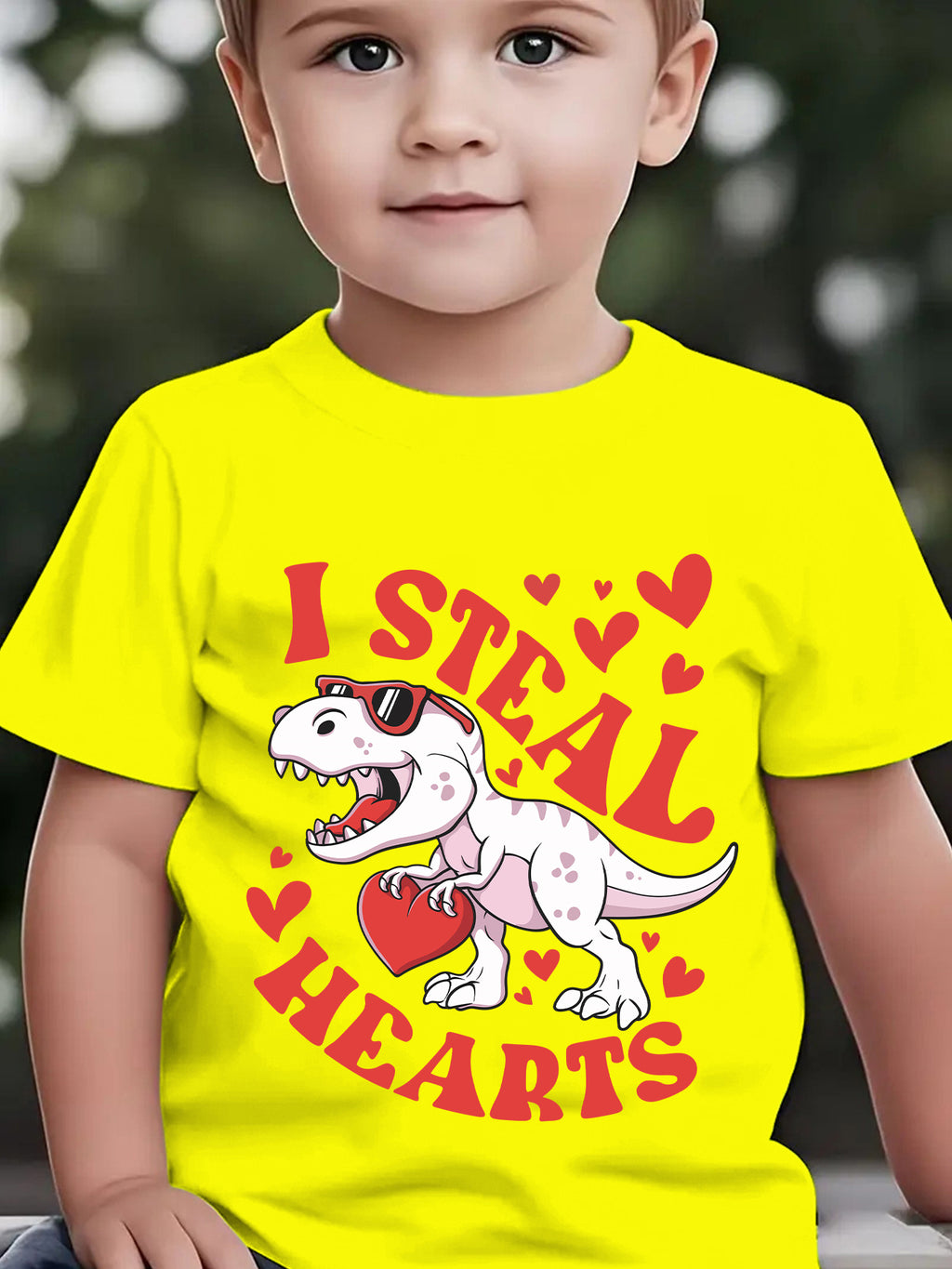 Valentine'S Day Summer Boys' Fashion Short Sleeve T-Shirt "I STEAL HEARTS" Holding Heart Dinosaur Cartoon Pattern Print Outdoor Casual Top NY-DX4923