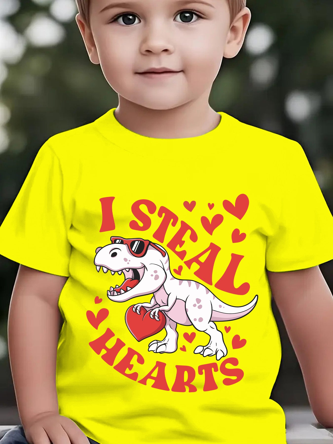 Valentine'S Day Summer Boys' Fashion Short Sleeve T-Shirt "I STEAL HEARTS" Holding Heart Dinosaur Cartoon Pattern Print Outdoor Casual Top NY-DX4923