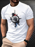 Men's Casual Short Sleeve T-Shirt with Compass Print - Breathable Polyester Round Neck Tee, Machine Washable Lightweight Summer Top for Outdoor Activities & Casual Attire, Smooth Texture Fabric
