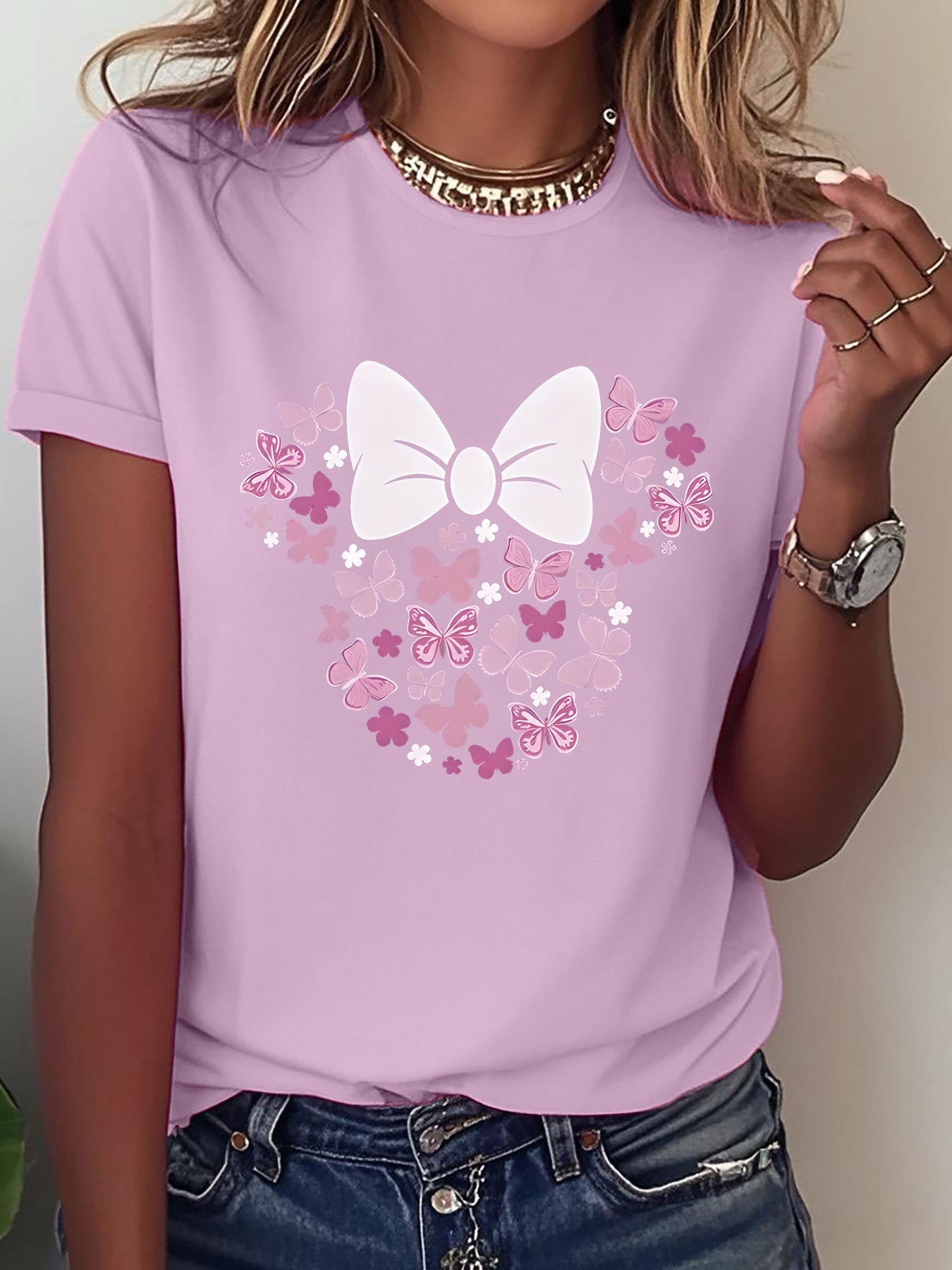 1pc Fun Printed Short Sleeve, Sweet Floral Butterfly And Bow Pattern, Women'S Fashion Casual Short Sleeve T-Shirt Blouse, Trendy Individual Fun Printed Comfortable Round Neck Base Layer, Suitable for Gift T-Shirt, Comfortable Breathable Sweatshirt
