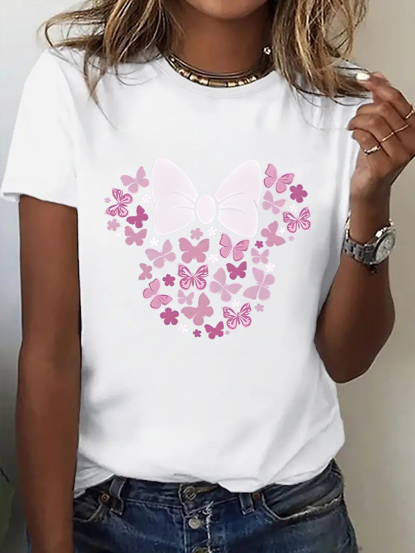 1pc Fun Printed Short Sleeve, Sweet Floral Butterfly And Bow Pattern, Women'S Fashion Casual Short Sleeve T-Shirt Blouse, Trendy Individual Fun Printed Comfortable Round Neck Base Layer, Suitable for Gift T-Shirt, Comfortable Breathable Sweatshirt