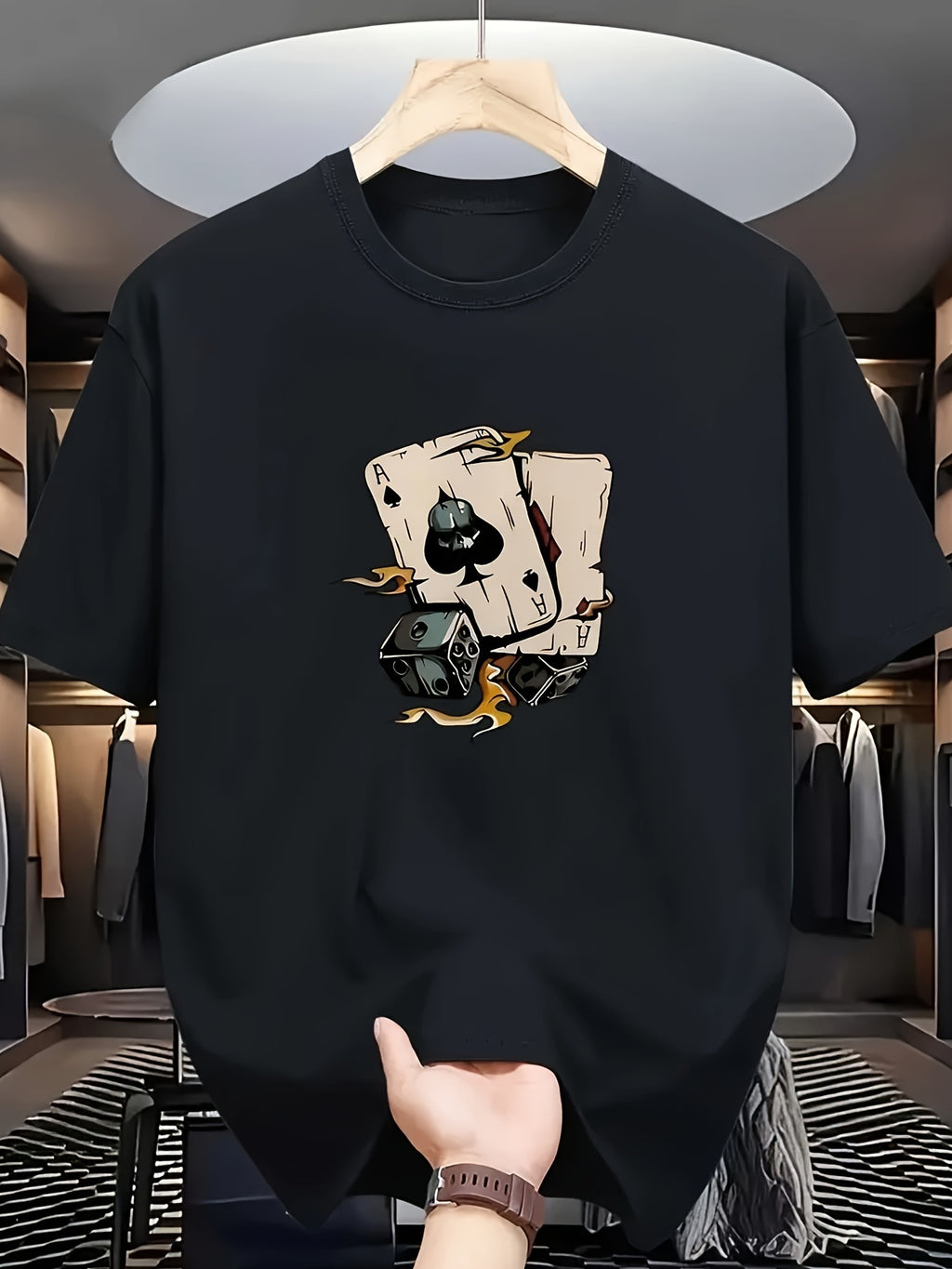 Men's Fashion Printed T-Shirt with Perfect Combination of Poker Cards and Dice Design