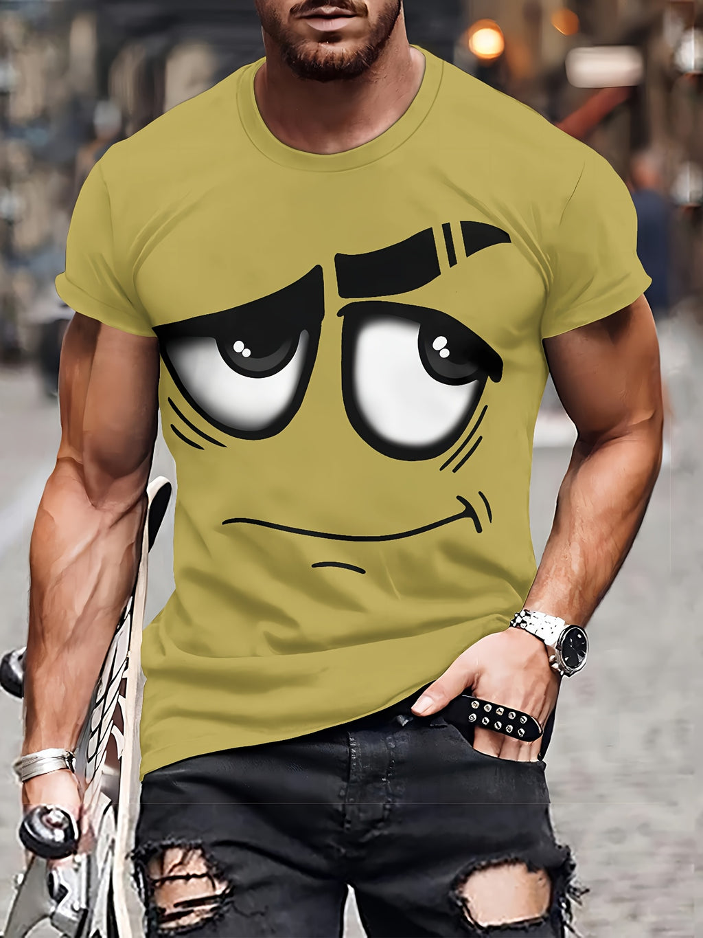 Men's 3D Novelty Graphic Tee - Casual Polyester Crew Neck T-Shirt, Machine Washable
