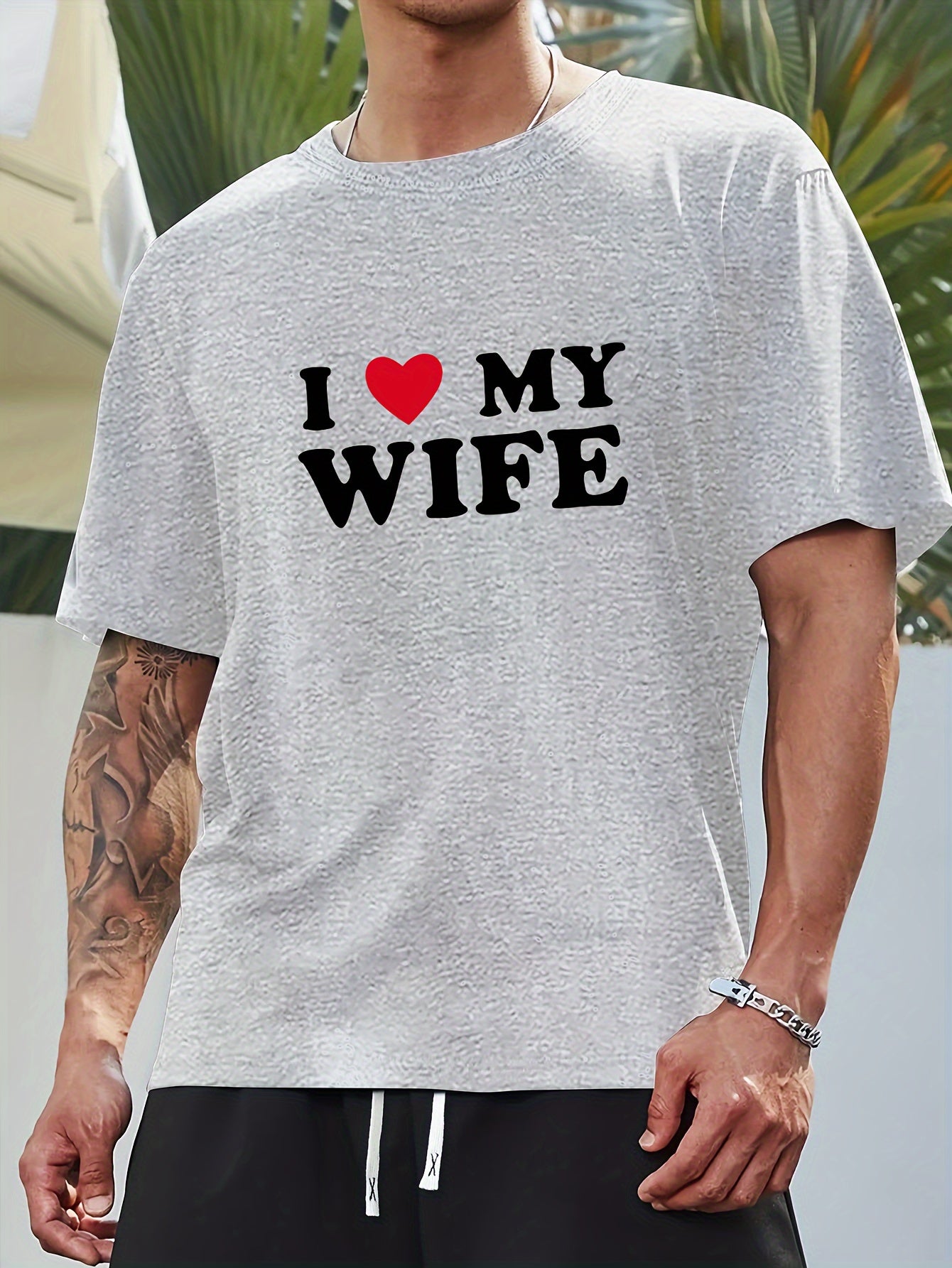 Men's Plus Size "I My Wife" Lettering T-Shirt Compatible for.com - & Tall Casual Round Neck Short Sleeve Tee with Wife, Machine Washable for - Wear (Announcements/ Branding), PLUS SIZE