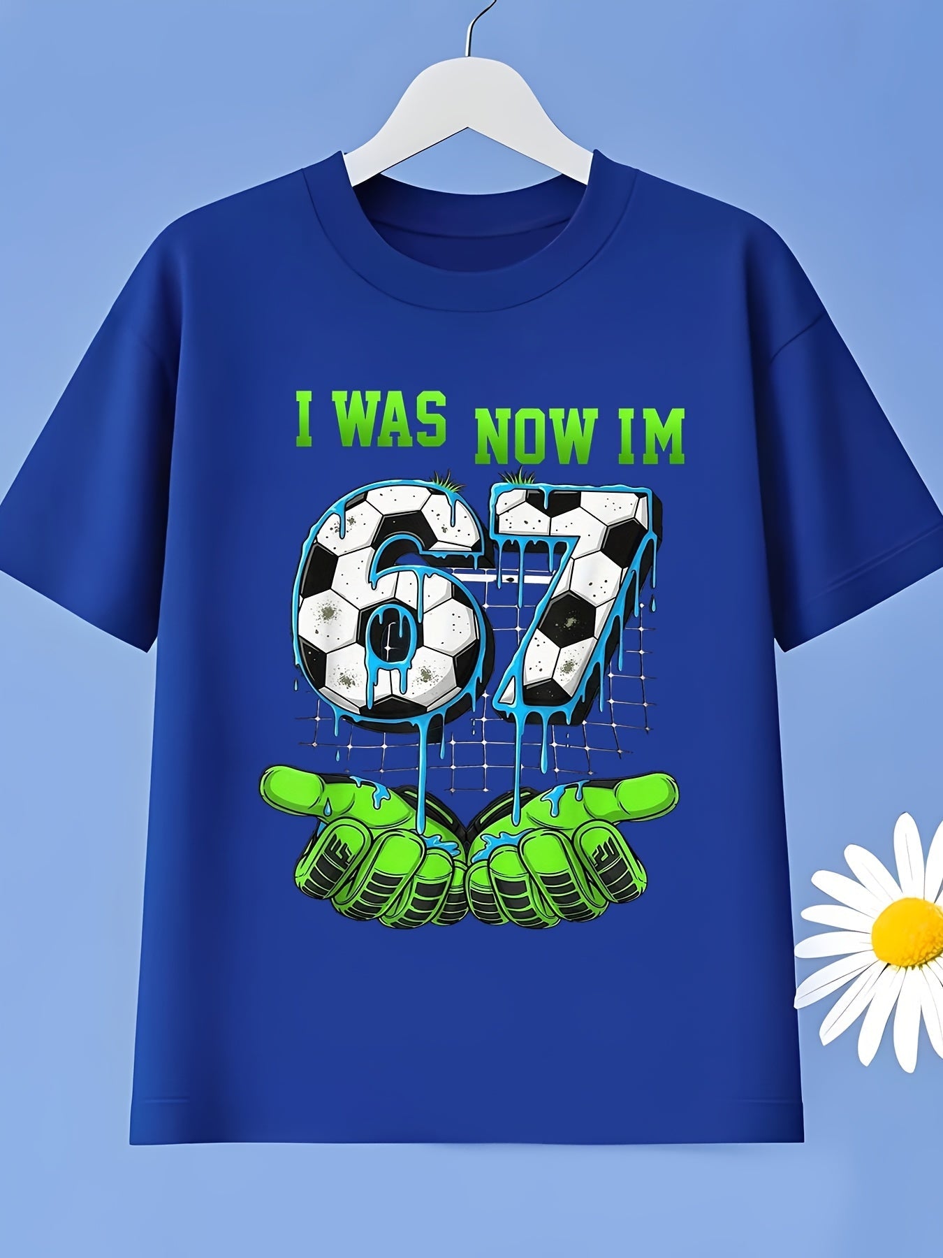 Children's Football "67" T-shirt - Neon Green and Turquoise Football Pattern with Drip Design, Suitable for Casual Round Neck T-shirt of Fans and Players