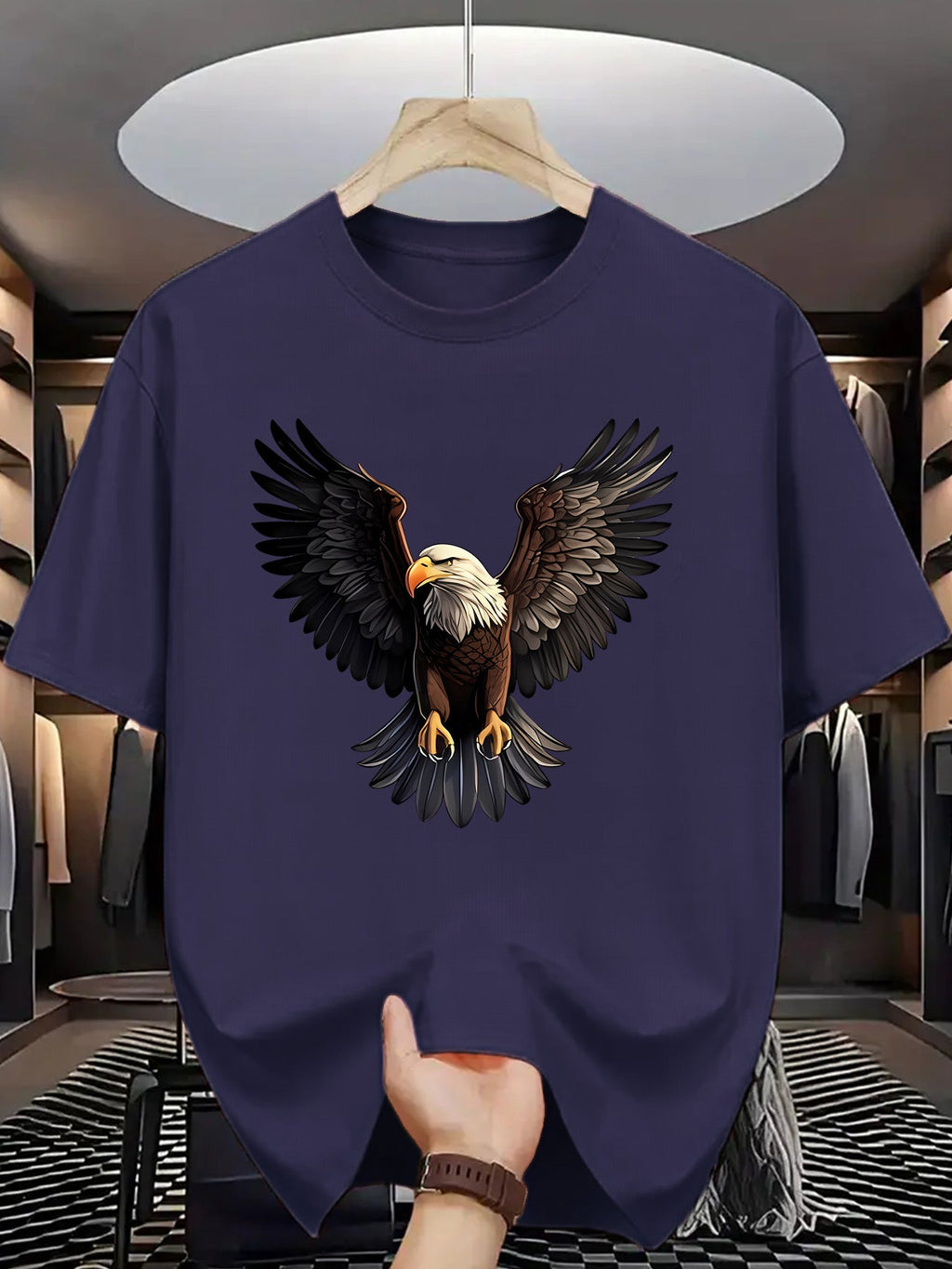 1pc Men'S Summer Fashion Eagle Print Short Sleeve T-Shirt, Casual Crew Neck Polyester Tee with Slight Stretch, Knit Fabric Letter Pattern Print for Adults