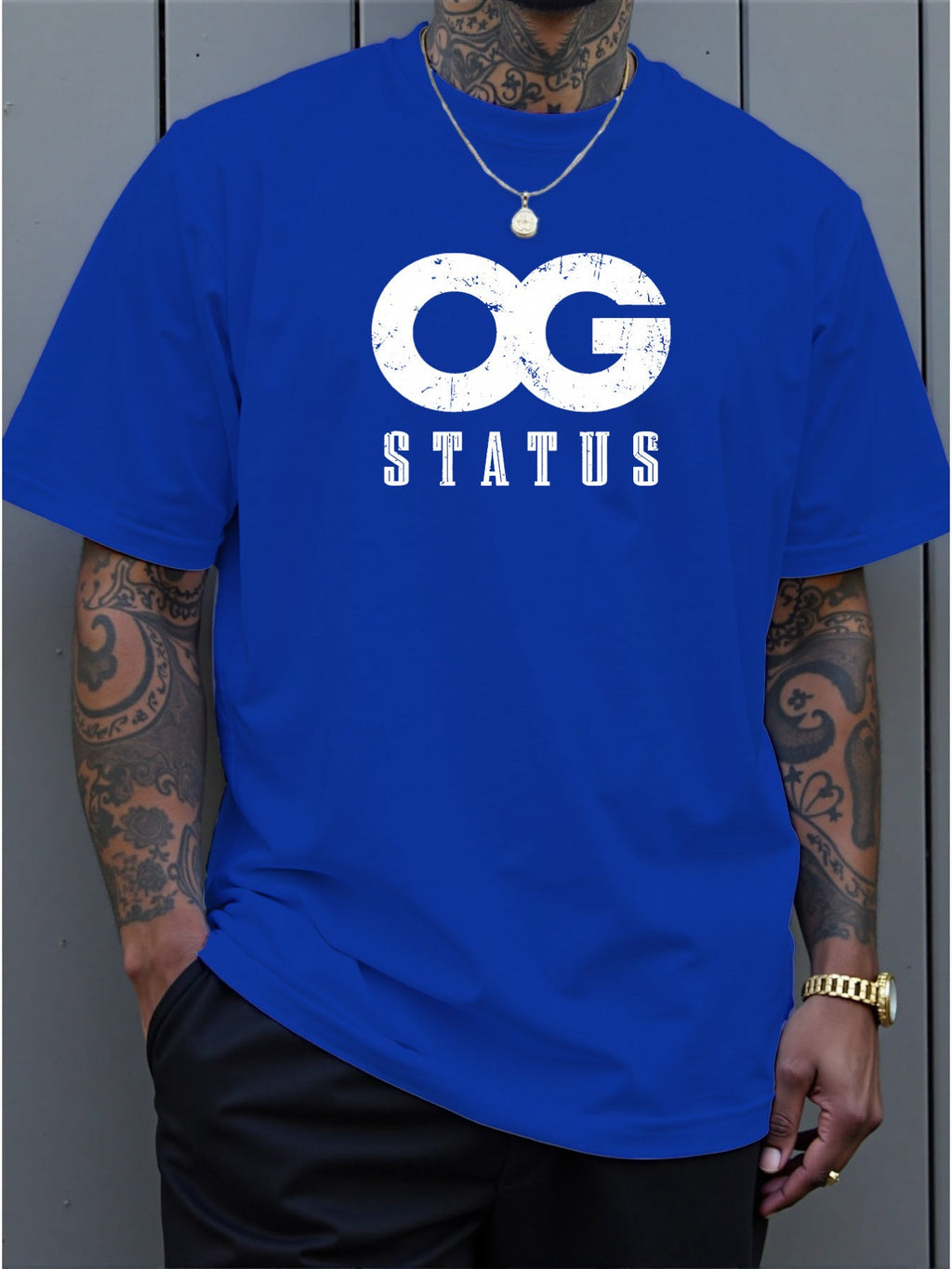 Men's Large 'OG Status' Graphic T-Shirt - Bold White OG Lettering Crew Neck Short Sleeve Shirt, Casual Summer Streetwear with Comfortable Fit & Machine Washable Suitable for Casual Attire, Gym, Lounge, PLUS SIZE