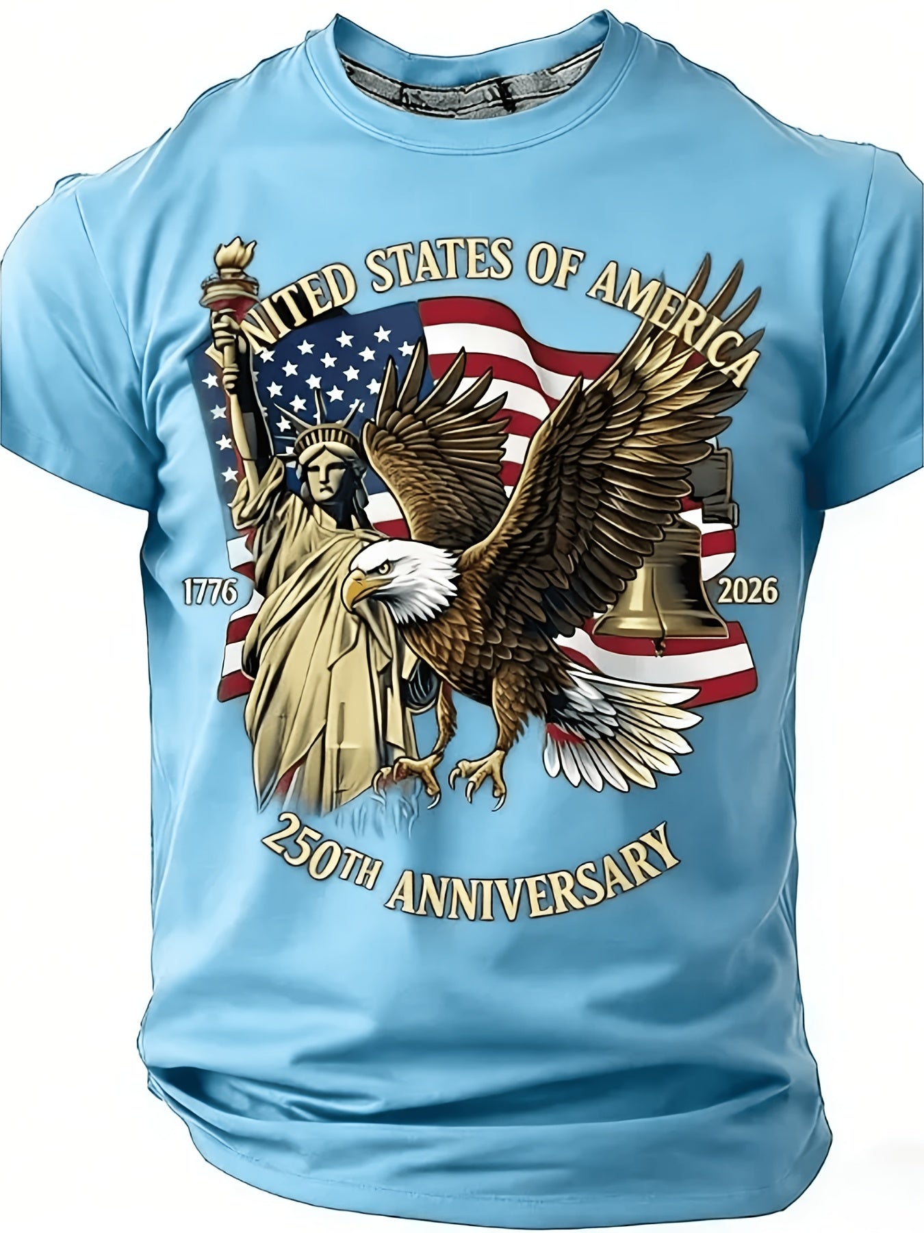 Large Round-Neck Short-Sleeved T-Shirt, Large Independence Day 250Th Anniversary T-Shirt, Featuring The National Flag, Eagle, And Statue of Liberty Prints, Loose-Fitting Top, Plus Size