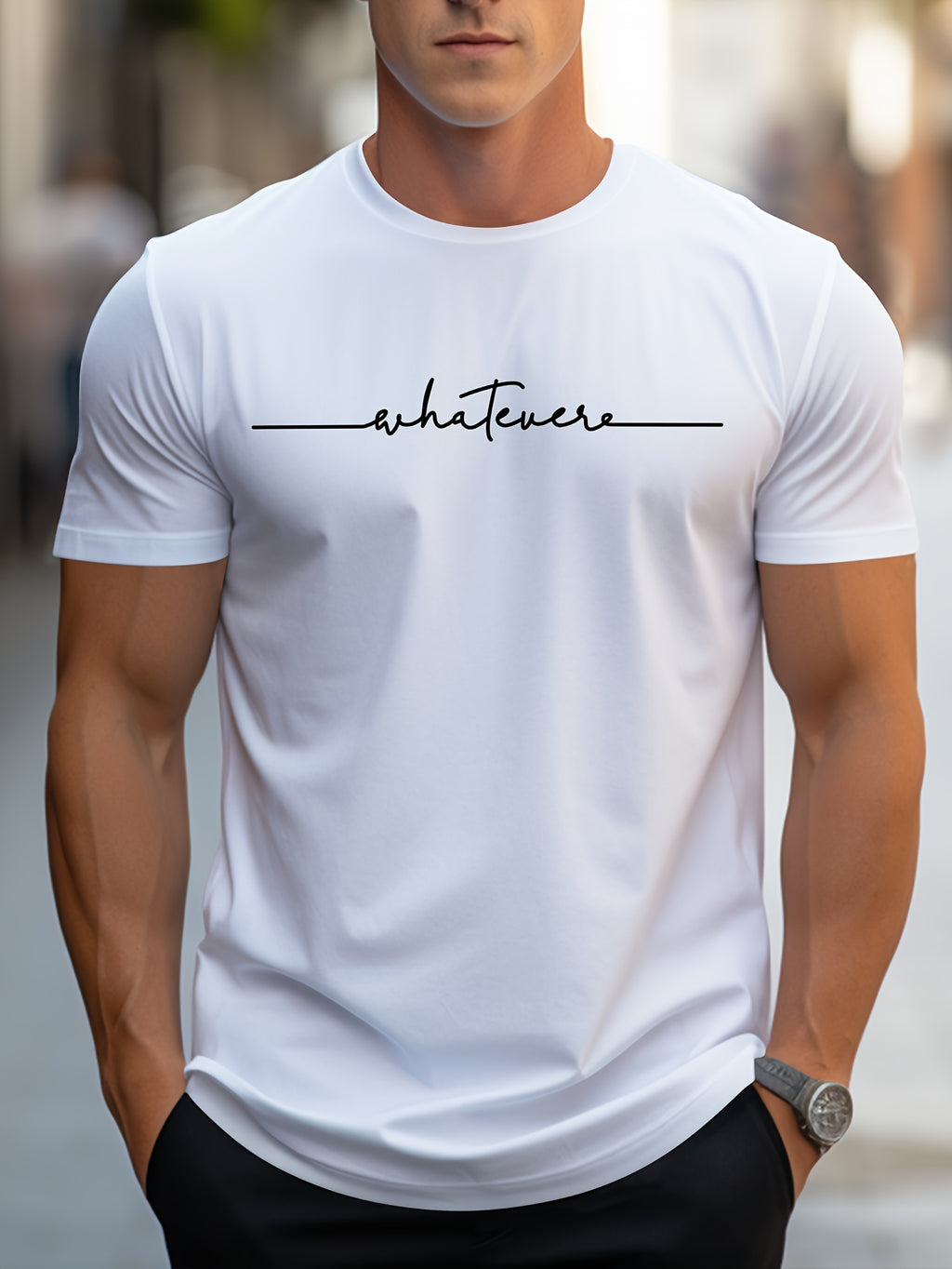 Men's English Art Print Crew Neck T-Shirt, Minimalist Lettering! Stylish Handwritten Alphabet Short Sleeve Casual Essential! Low-Key Sophisticated! Lazy Style! Handwritten Letter Print Tee
