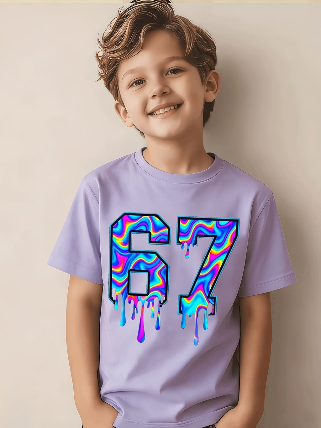 Soft And Breathable Vortex Six Seven Drops 6 7 Boys And Girls Pattern T-Shirt - Crew Neck Shirt, Suitable for Early Elementary School - Birthday Party Clothes Or Everyday Play Clothes - Easy-Care Parent-Favorite Clothes, Casual Wear
