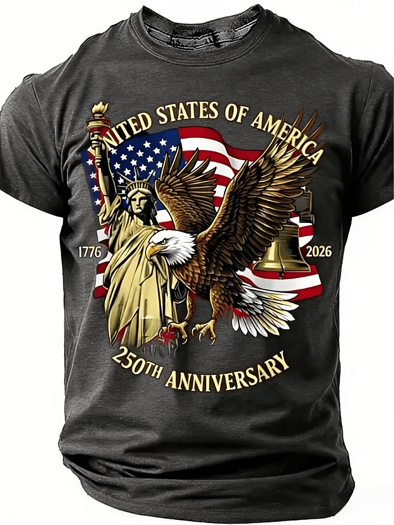Large Round-Neck Short-Sleeved T-Shirt, Large Independence Day 250Th Anniversary T-Shirt, Featuring The National Flag, Eagle, And Statue of Liberty Prints, Loose-Fitting Top, Plus Size