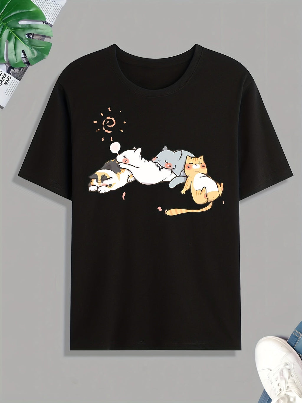 Cute Cats Napping Print Tee Shirt, Tee For Men, Casual Short Sleeve T-shirt For Summer Spring Fall, Tops As Gifts