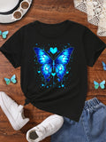 TD61013 Teenage Girls Colorful Pattern Print Beautiful Blue Butterfly Round Neck Summer Trendy Fashion T-shirt