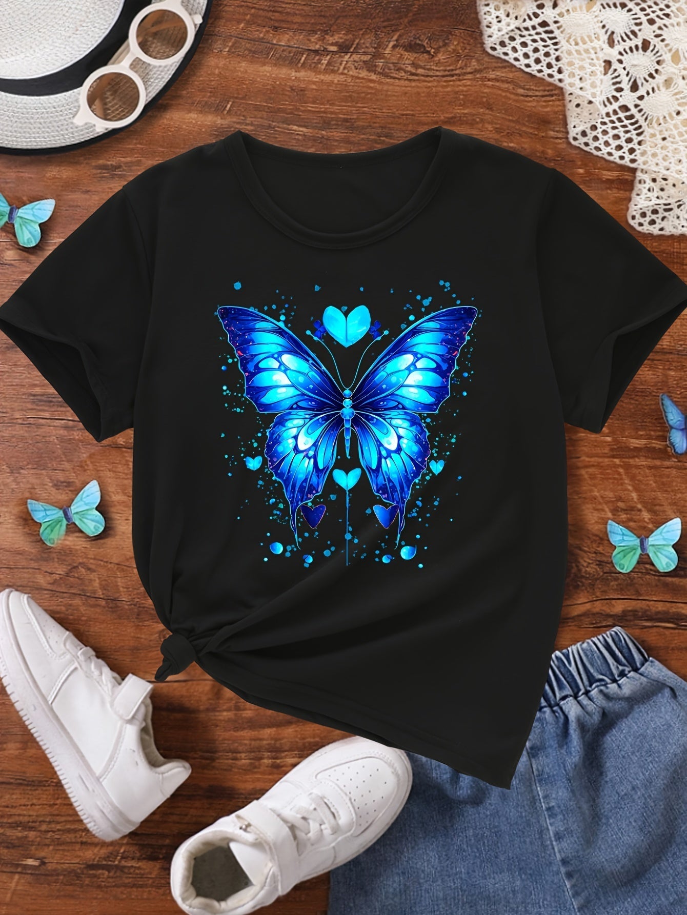 TD61013 Teenage Girls Colorful Pattern Print Beautiful Blue Butterfly Round Neck Summer Trendy Fashion T-shirt