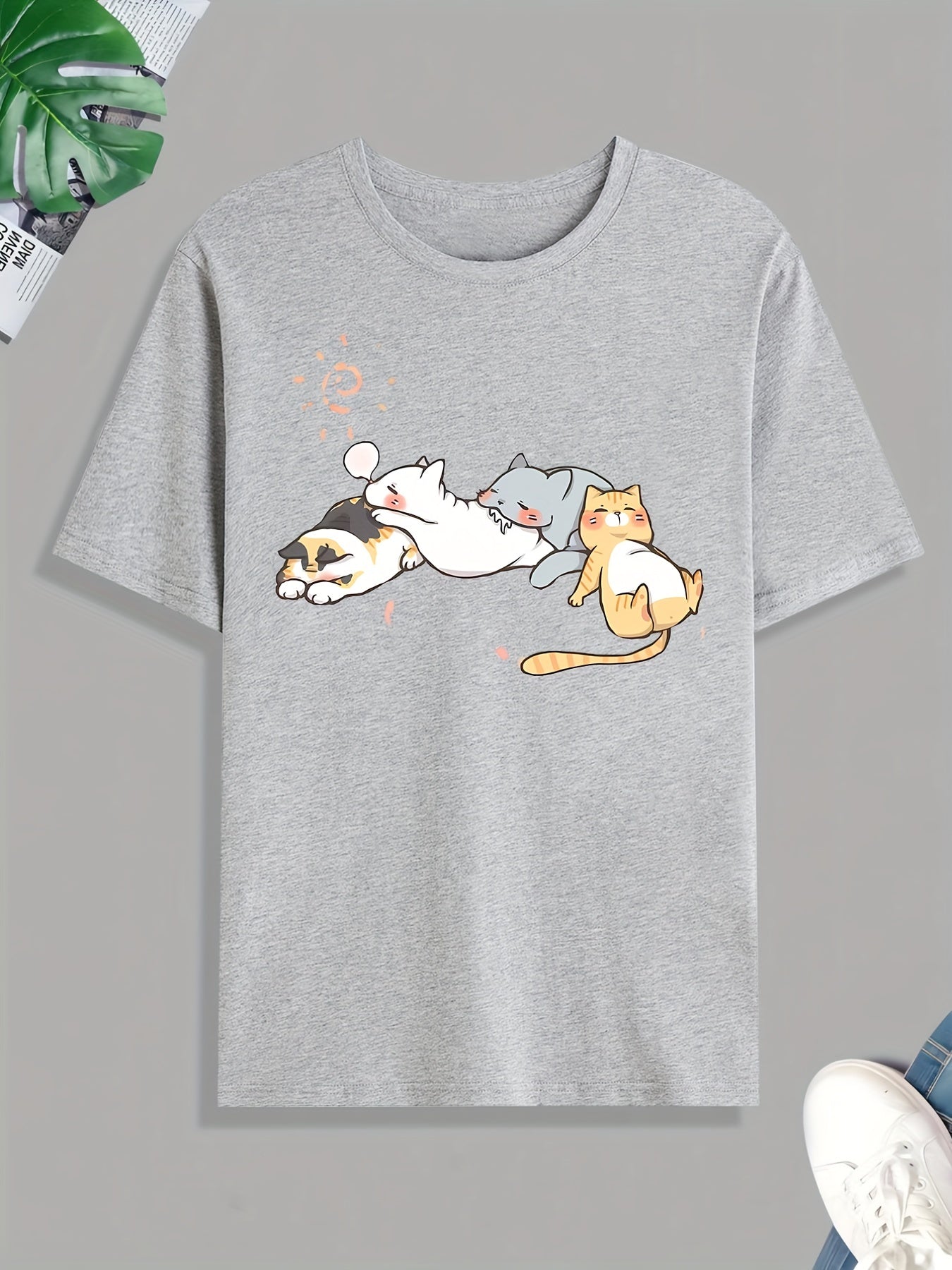 Cute Cats Napping Print Tee Shirt, Tee For Men, Casual Short Sleeve T-shirt For Summer Spring Fall, Tops As Gifts