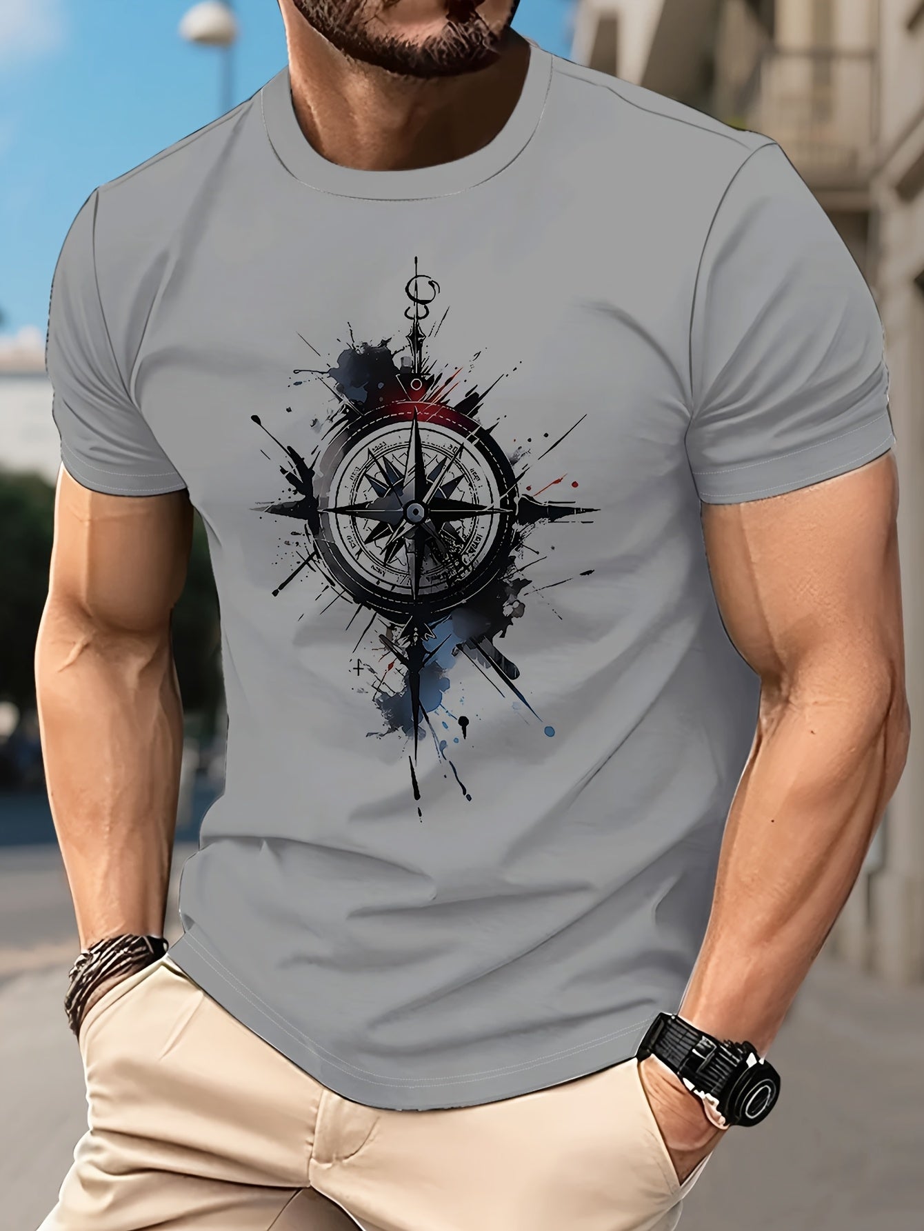Men's Casual Short Sleeve T-Shirt with Compass Print - Breathable Polyester Round Neck Tee, Machine Washable Lightweight Summer Top for Outdoor Activities & Casual Attire, Smooth Texture Fabric