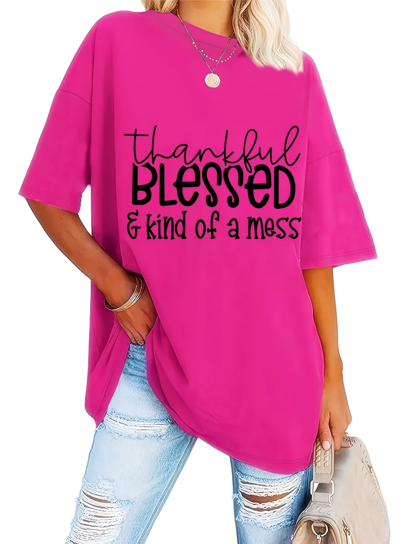 Plus Size Blessed Print T-shirt, Short Sleeve Crew Neck Casual Top For Summer & Spring, Women's Plus Size Clothing