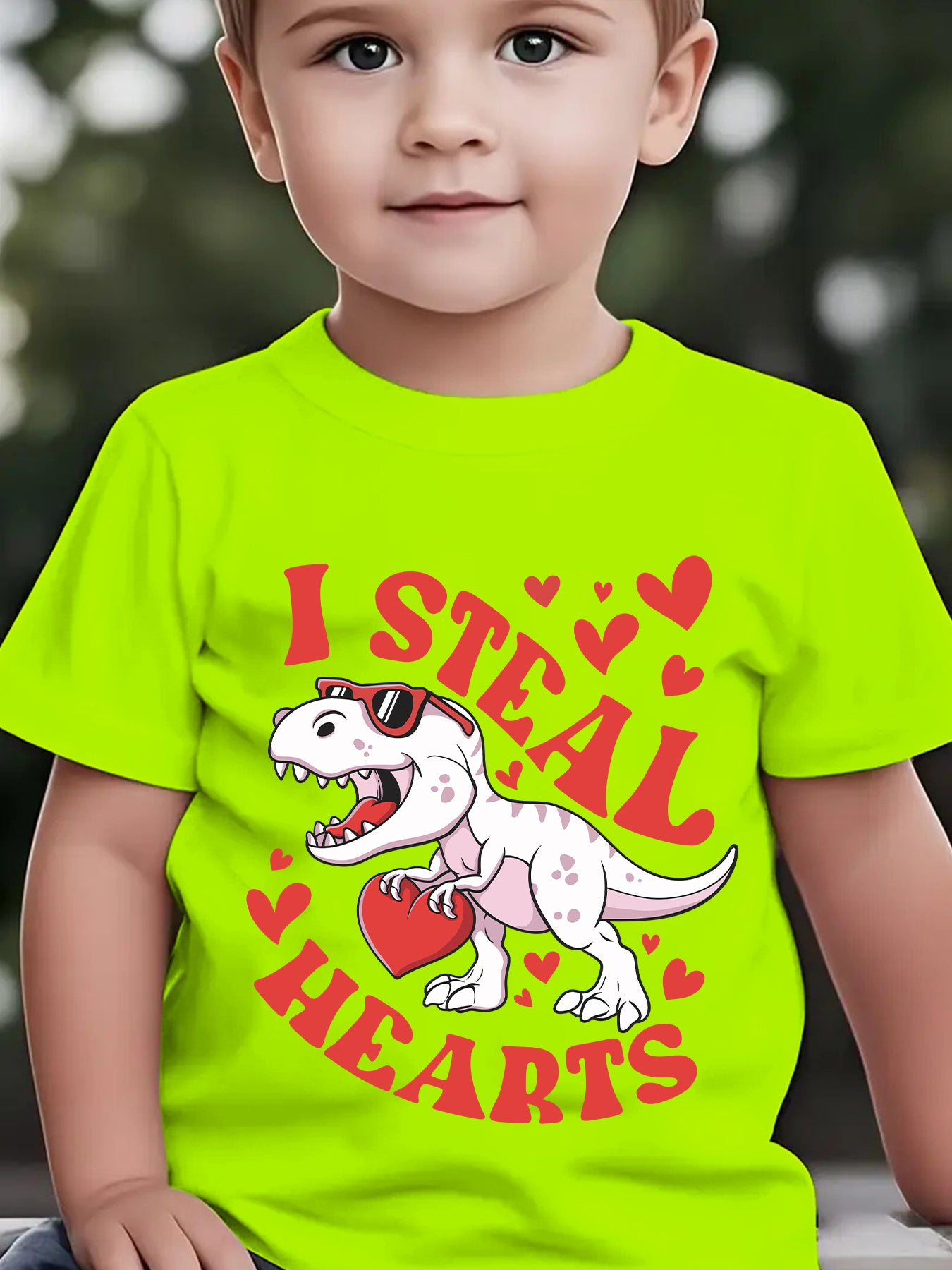 Valentine'S Day Summer Boys' Fashion Short Sleeve T-Shirt "I STEAL HEARTS" Holding Heart Dinosaur Cartoon Pattern Print Outdoor Casual Top NY-DX4923