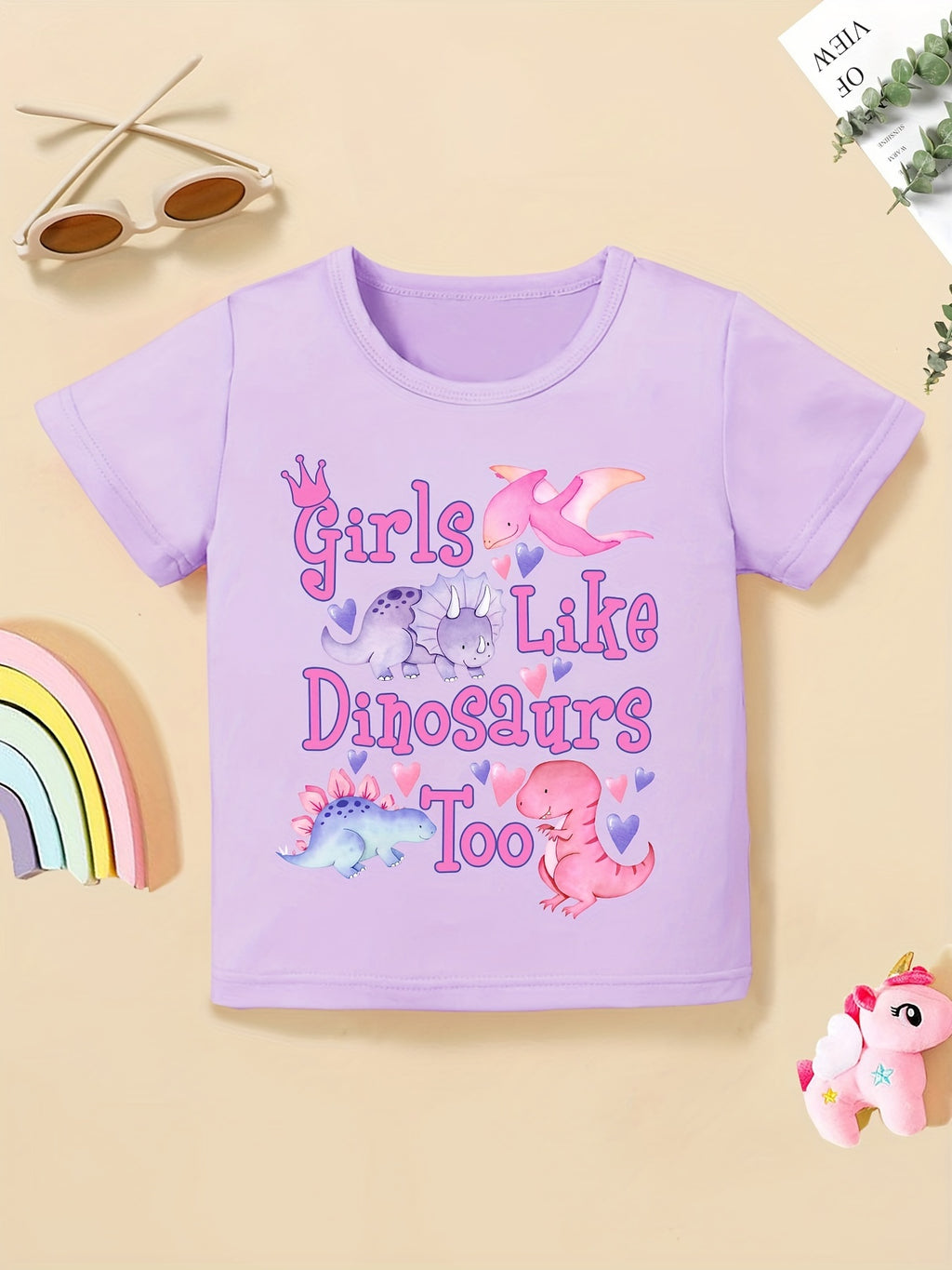 Girls' Fashion T-Shirt Girls Like Dinosaurs Too Dinosaur Print Cute Short Sleeve T-Shirt Casual Top