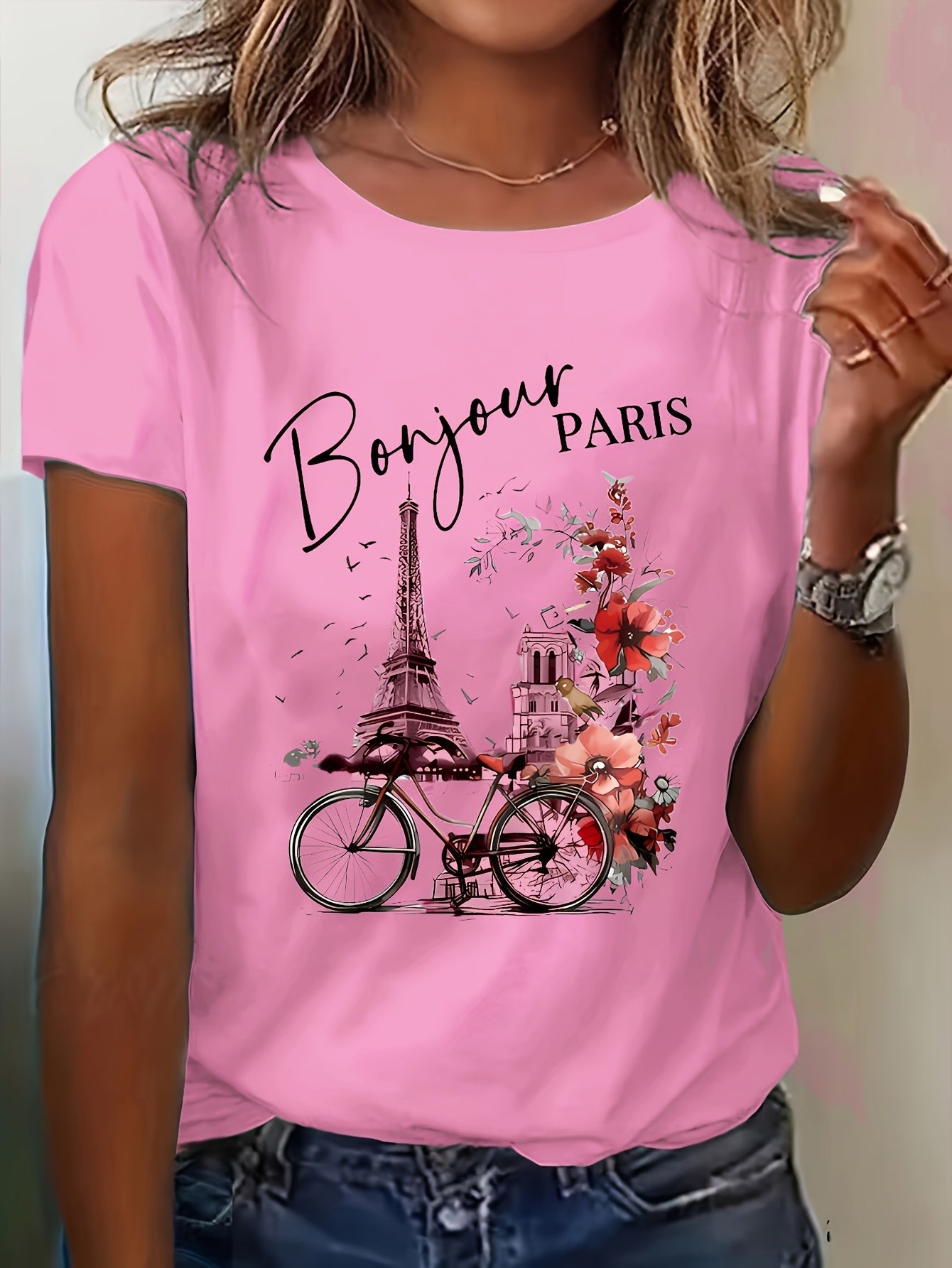 Summer Fashion Paris Print Casual Regular Fit Round Neck Short Sleeve T-Shirt