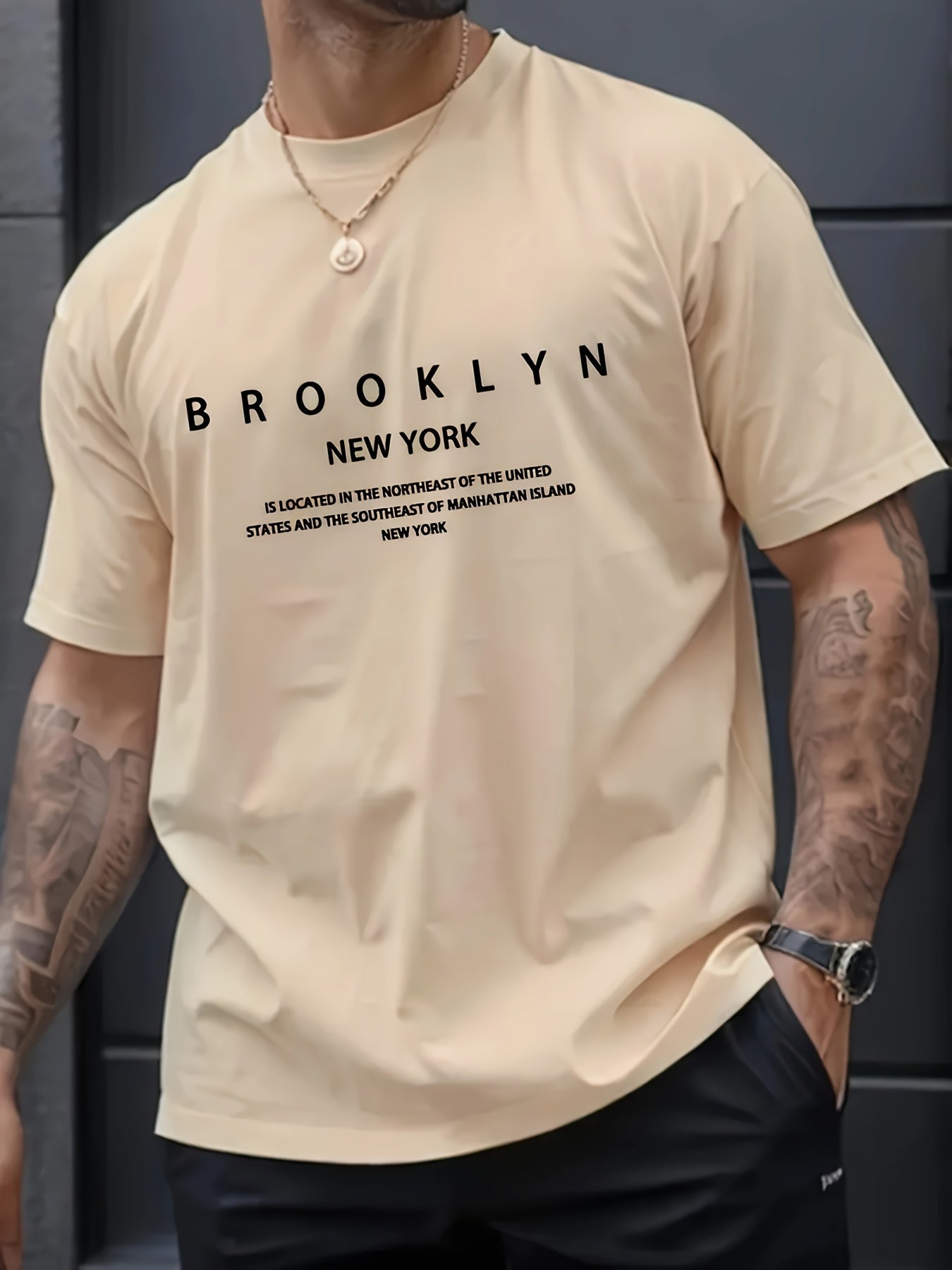 1pc Men's Casual Brooklyn Print T-Shirt, Polyester Knit Fabric, Round Neck, Regular Fit, Soft and Comfortable, Summer Graphic Tee for Adults