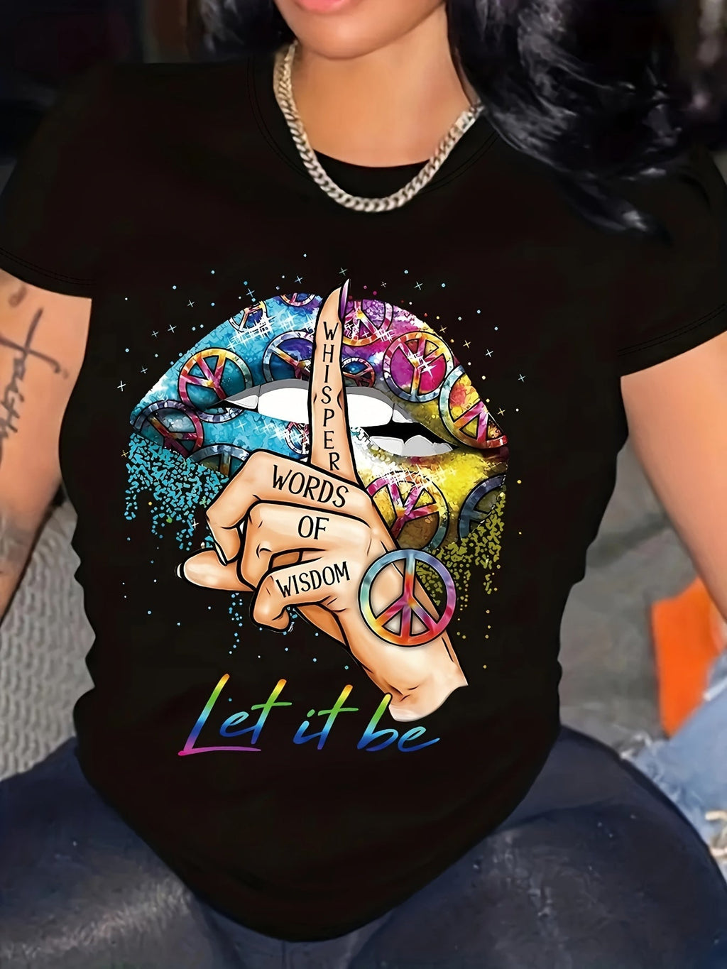 Gesture Print Crew Neck T-Shirt, Casual Short Sleeve T-Shirt for Spring & Summer, Women's Clothing