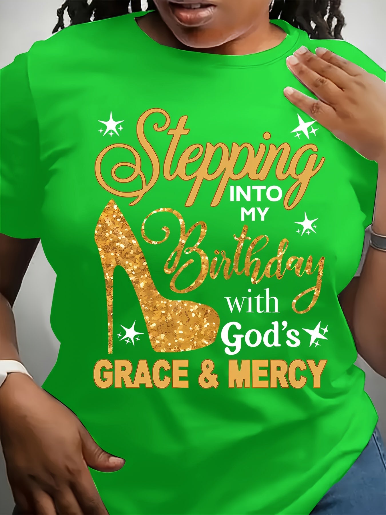 Plus Size, Plus-size Casual Fashion Printed T-shirt for Women, Trendy Lettering, High Heels, Base Layer, Daily Outing
