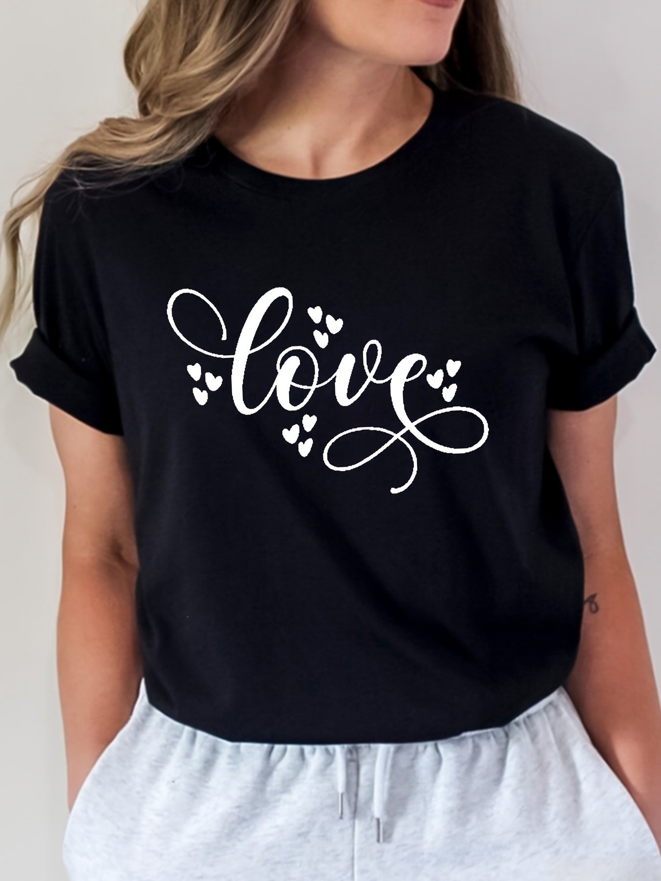 Letter Print T-Shirt, Short Sleeve Crew Neck Casual Top for Summer And Spring, Women'S Clothing
