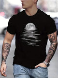 Men's Stylish Moon Creative Print T-Shirt, Crew Neck Short Sleeve, Casual Tee, Versatile Top For Spring And Summer, Trendy Streetwear Fashion