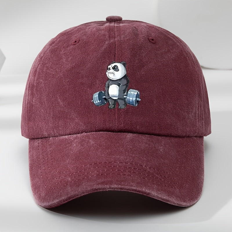 Cartoon Panda Print Baseball Cap, Washed Distressed Classic Flat Brim Hat, Soft Top Comfortable Moisture-Wicking Breathable Cap