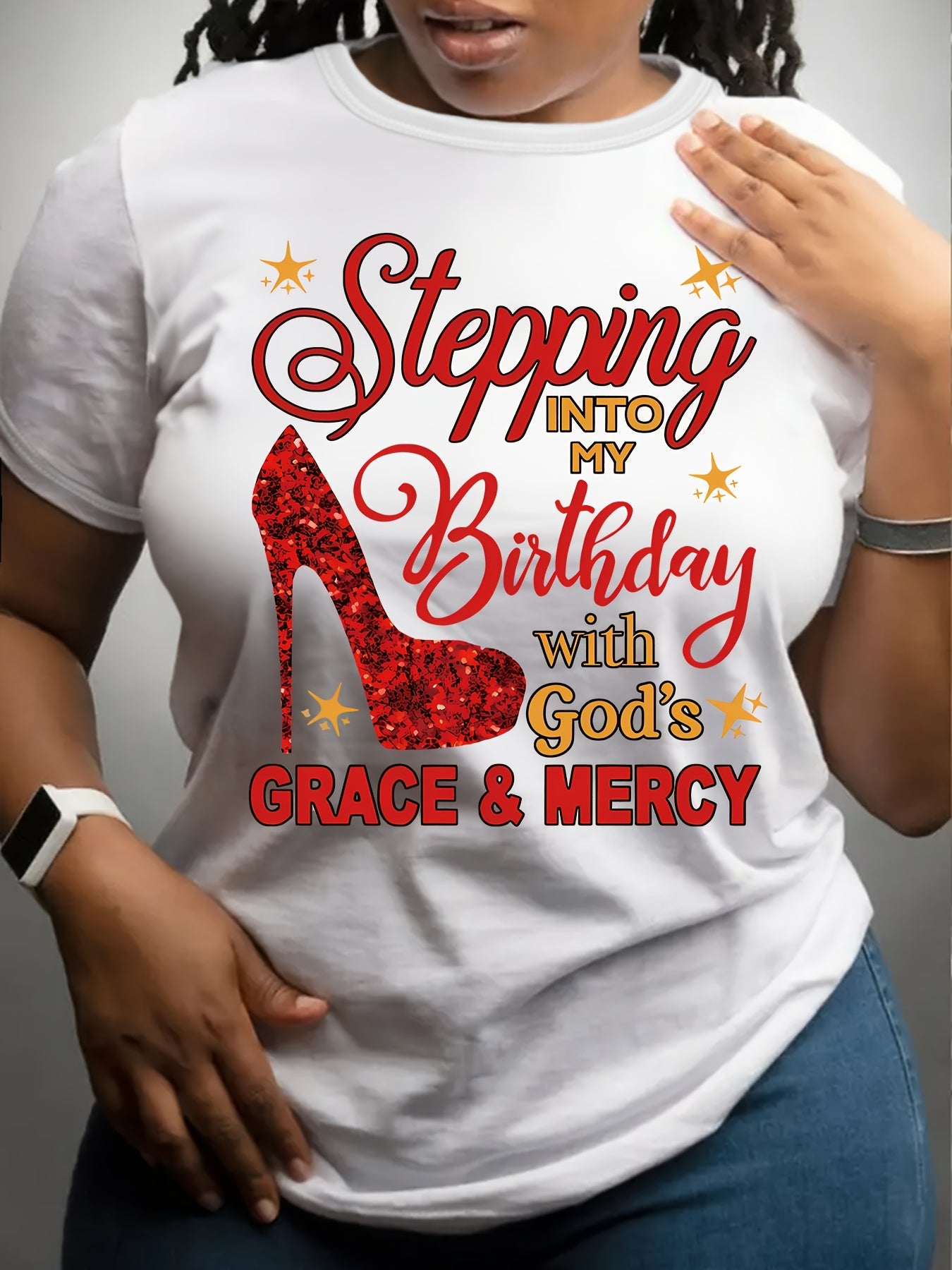 Plus Size, Plus-size Casual Fashion Printed T-shirt for Women, Trendy Lettering, High Heels, Base Layer, Daily Outing