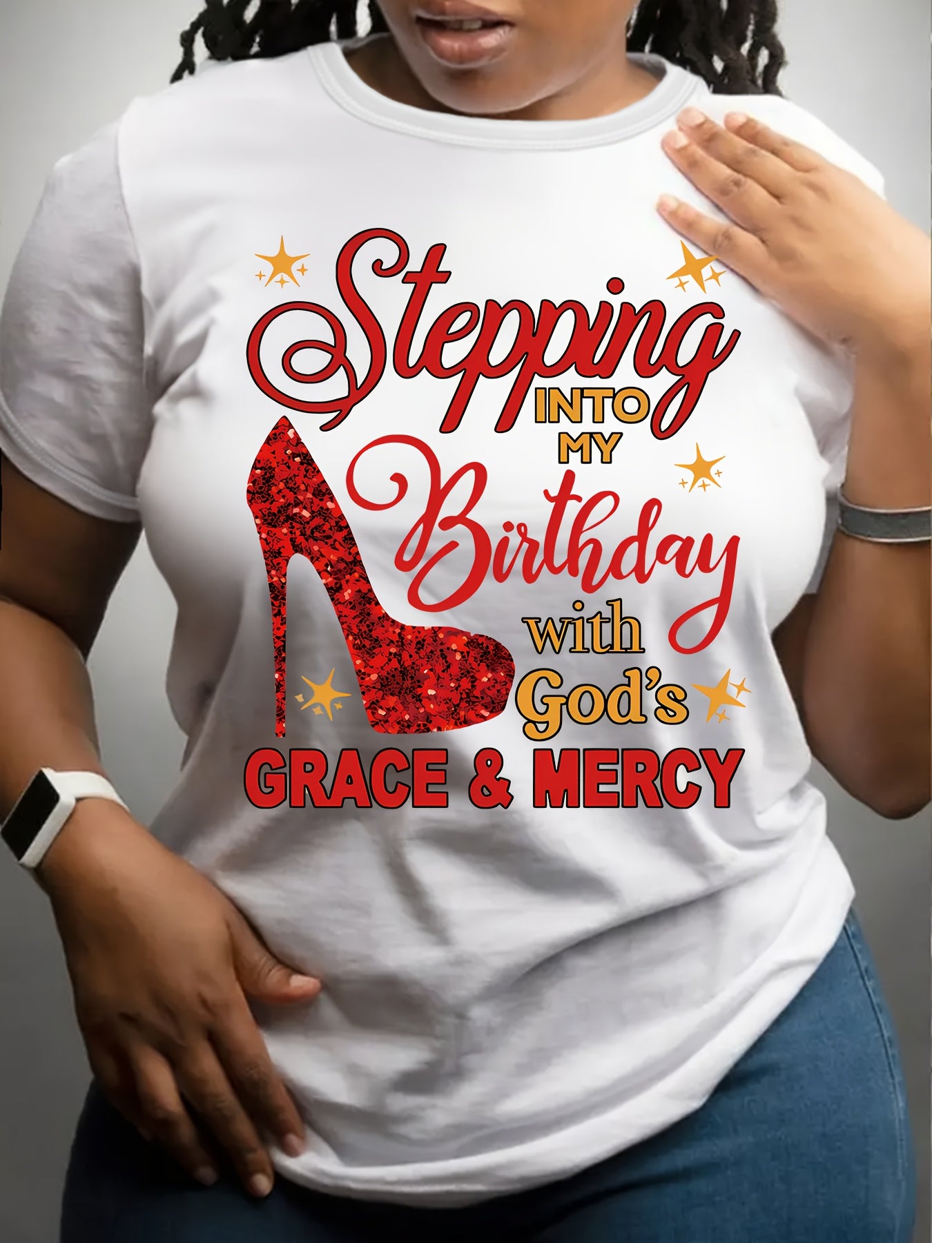 Plus Size, Plus-size Casual Fashion Printed T-shirt for Women, Trendy Lettering, High Heels, Base Layer, Daily Outing