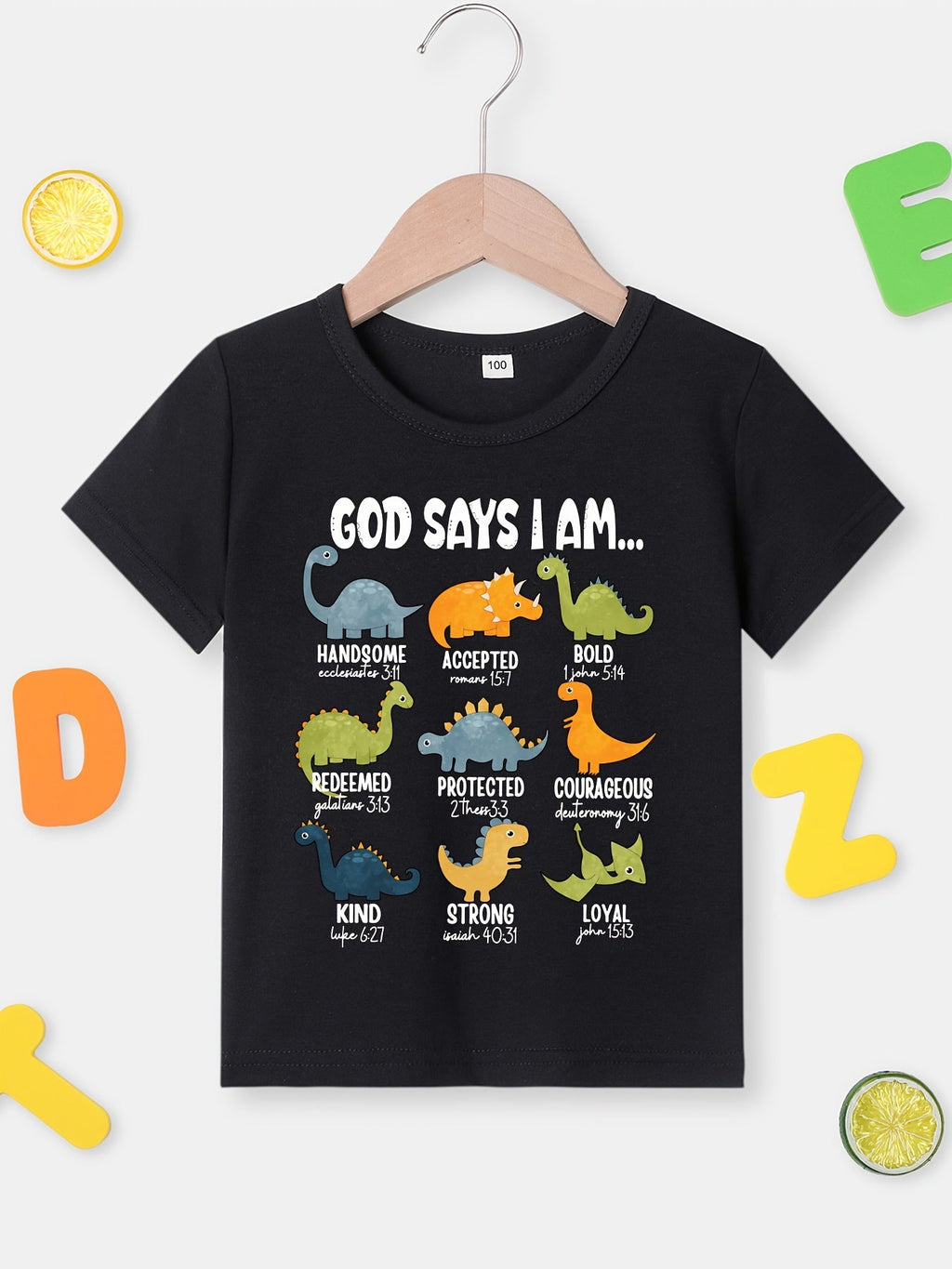 Summer Boys' Fashion Children's T-Shirt "God Says I Am..." Dinosaur Print Cute Short-Sleeve T-Shirt Versatile Casual Top