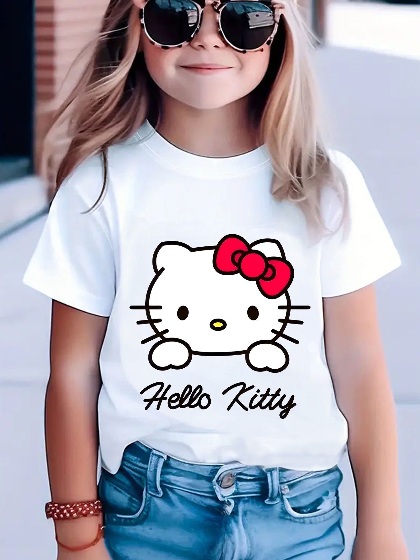 Children's Super Cute Cartoon Hello Kitty Print T-Shirt, Summer Fashion Hit Sanrio Series Round Neck Spliced Short Sleeve Daily Holiday Casual Wear