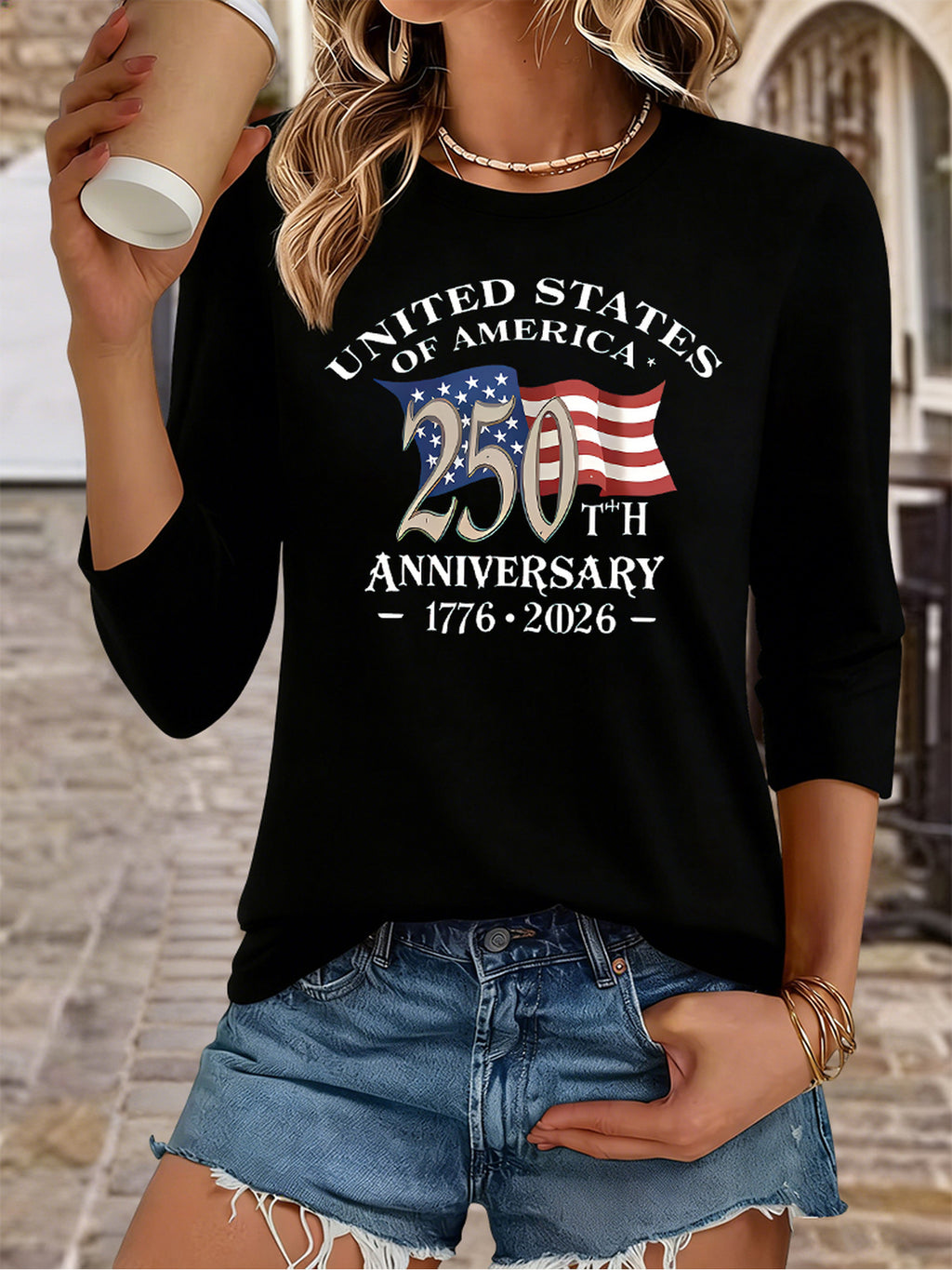 Women's USA 250th Anniversary T-Shirt 1776-2026 - Soft Breathable 3/4 Sleeve Crew Neck Top with Patriotic American Flag Print, Casual Relaxed Fit Suitable for 4th of July, July Celebrations & Year-Round Wear
