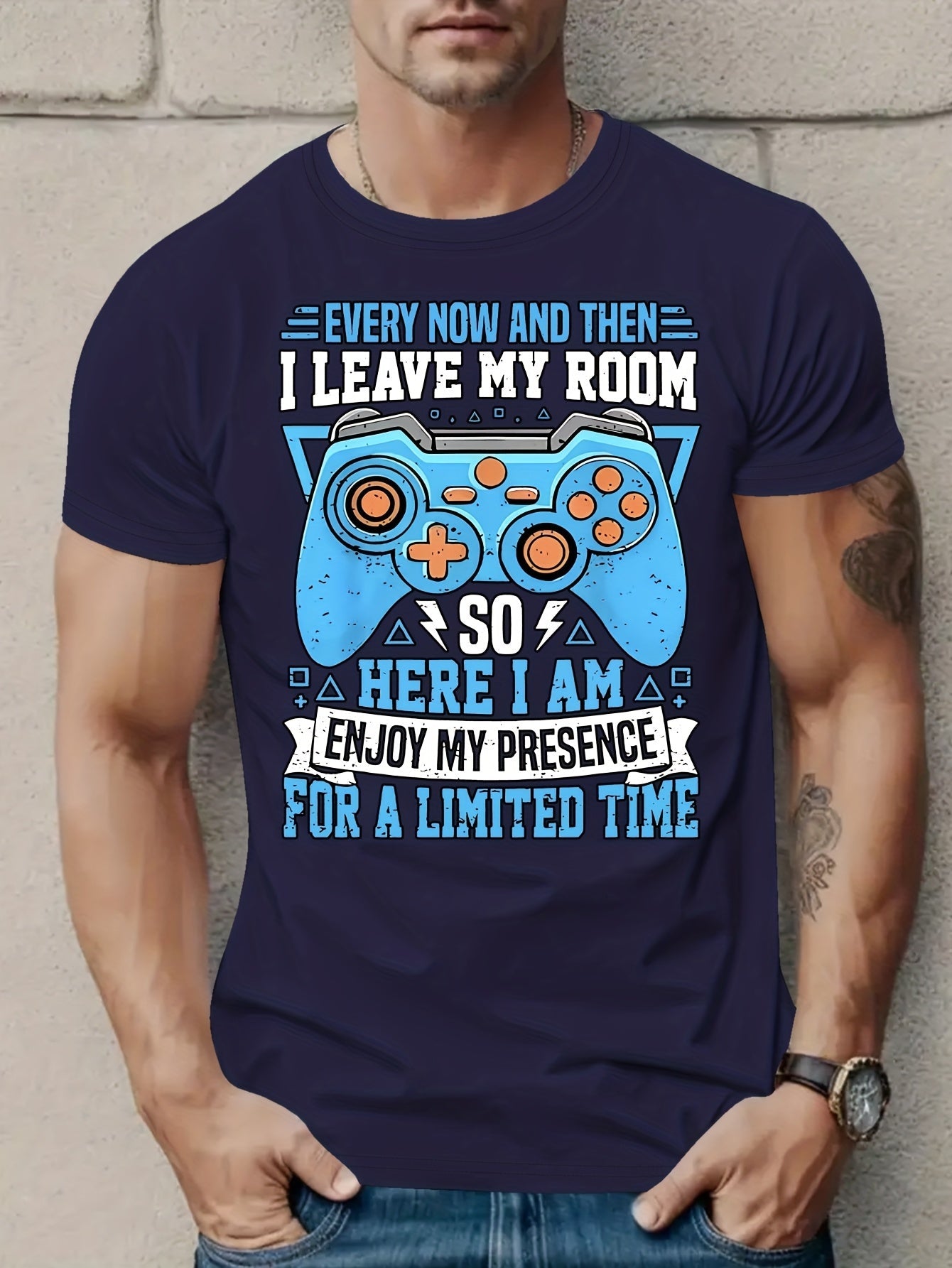 Game Controller Blue Print T-Shirt, Summer, Versatile, Athletic, Trendy T-Shirt, Round Neck Short Sleeve Top, Casual Daily Wear, Men'S Clothing