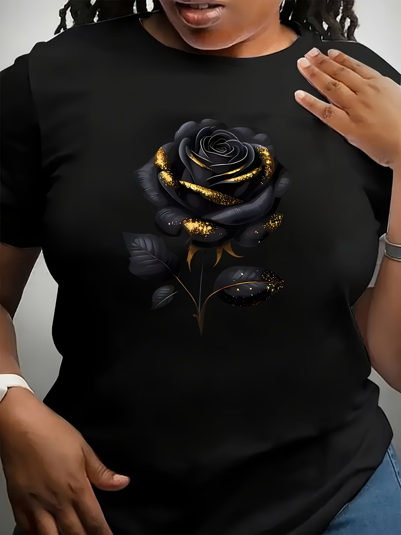 Plus Size, Women's Plus Size Oversized Black T-Shirt with Elegant Rose Print - Soft Stretch Short Sleeve Round Neck Blouse for All- Casual & Semi-Formal Wear - Machine Washable Comfortable Everyday Top for Larger Females