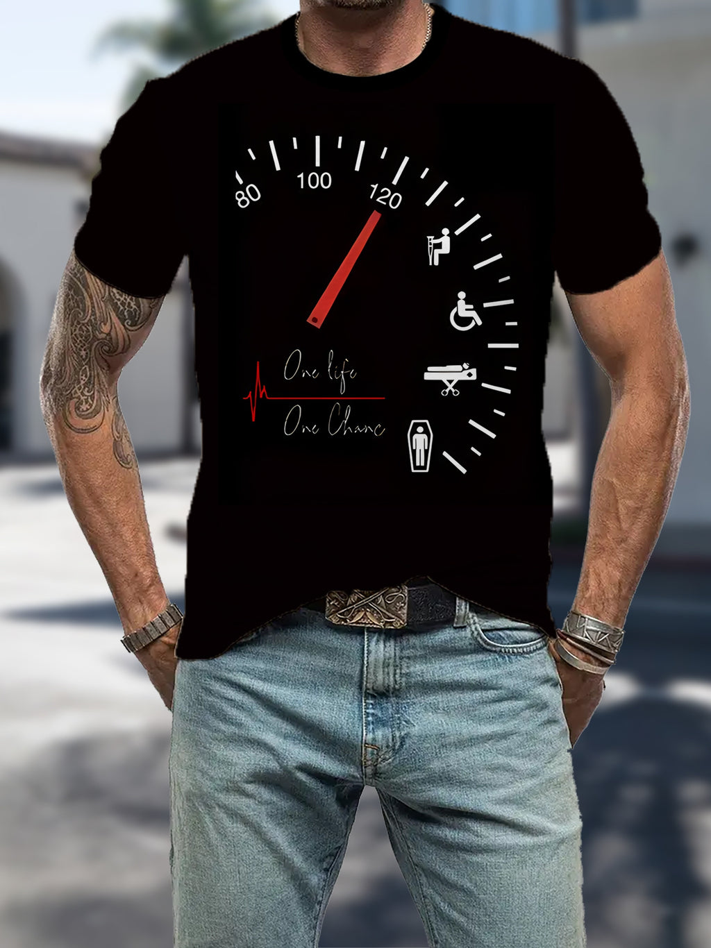 Men's Novelty Car Dashboard Graphic Tee - Casual Black Polyester T-Shirt with 3D Speedometer Print, Round Neck, Short Sleeves - Perfect for Summer Wear, Retro T Shirt