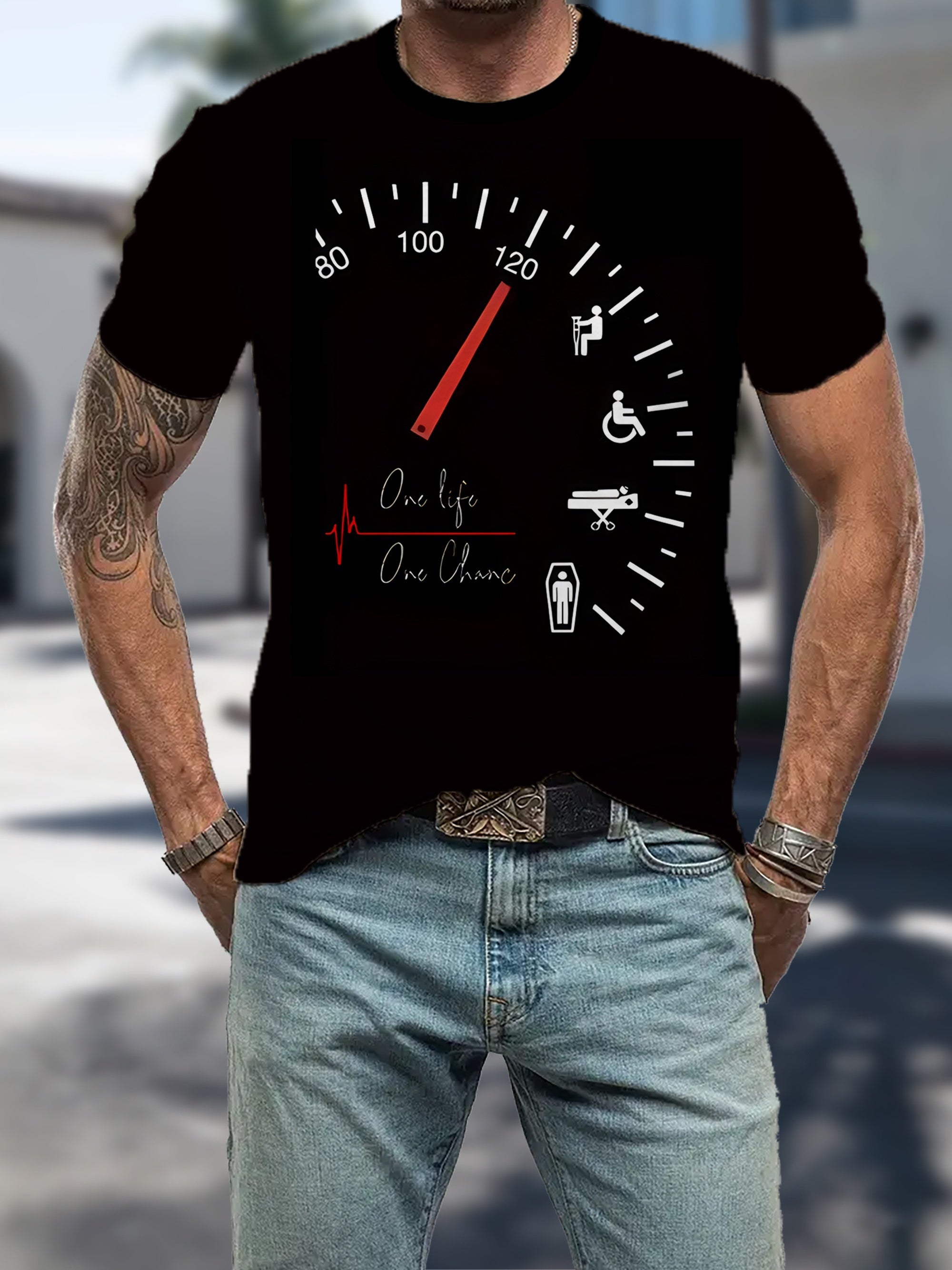 Men's Novelty Car Dashboard Graphic Tee - Casual Black Polyester T-Shirt with 3D Speedometer Print, Round Neck, Short Sleeves - Perfect for Summer Wear, Retro T Shirt