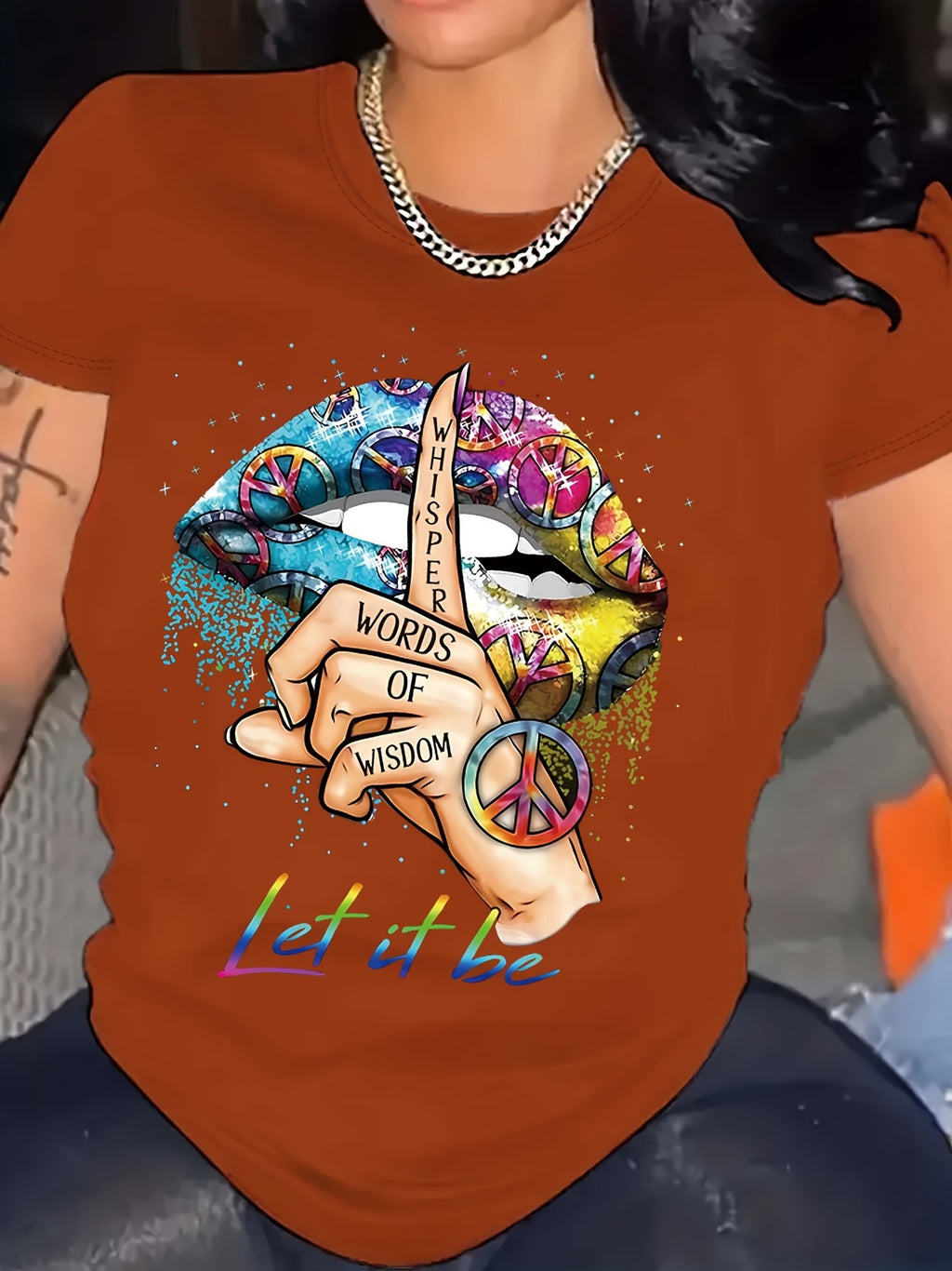 Gesture Print Crew Neck T-Shirt, Casual Short Sleeve T-Shirt for Spring & Summer, Women's Clothing