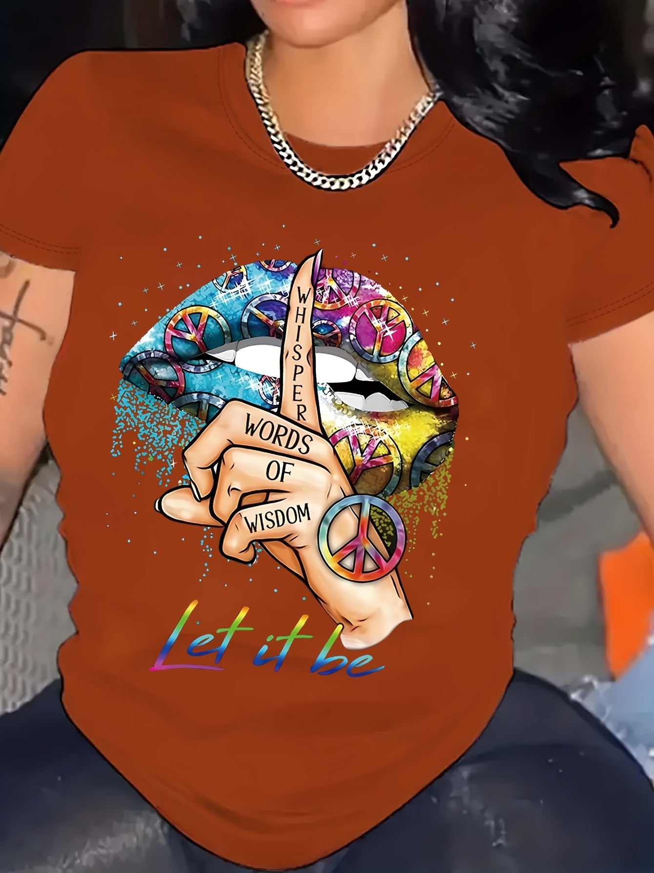 Gesture Print Crew Neck T-Shirt, Casual Short Sleeve T-Shirt for Spring & Summer, Women's Clothing