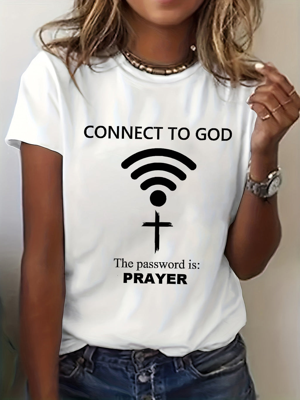 Women's Prayer T-Shirt - Connect to God Jesus Funny Religious Letter Print Short Sleeve Crew Neck Top, -Based Casual Summer Spring Tee for Church Outfits & Spiritual Wear